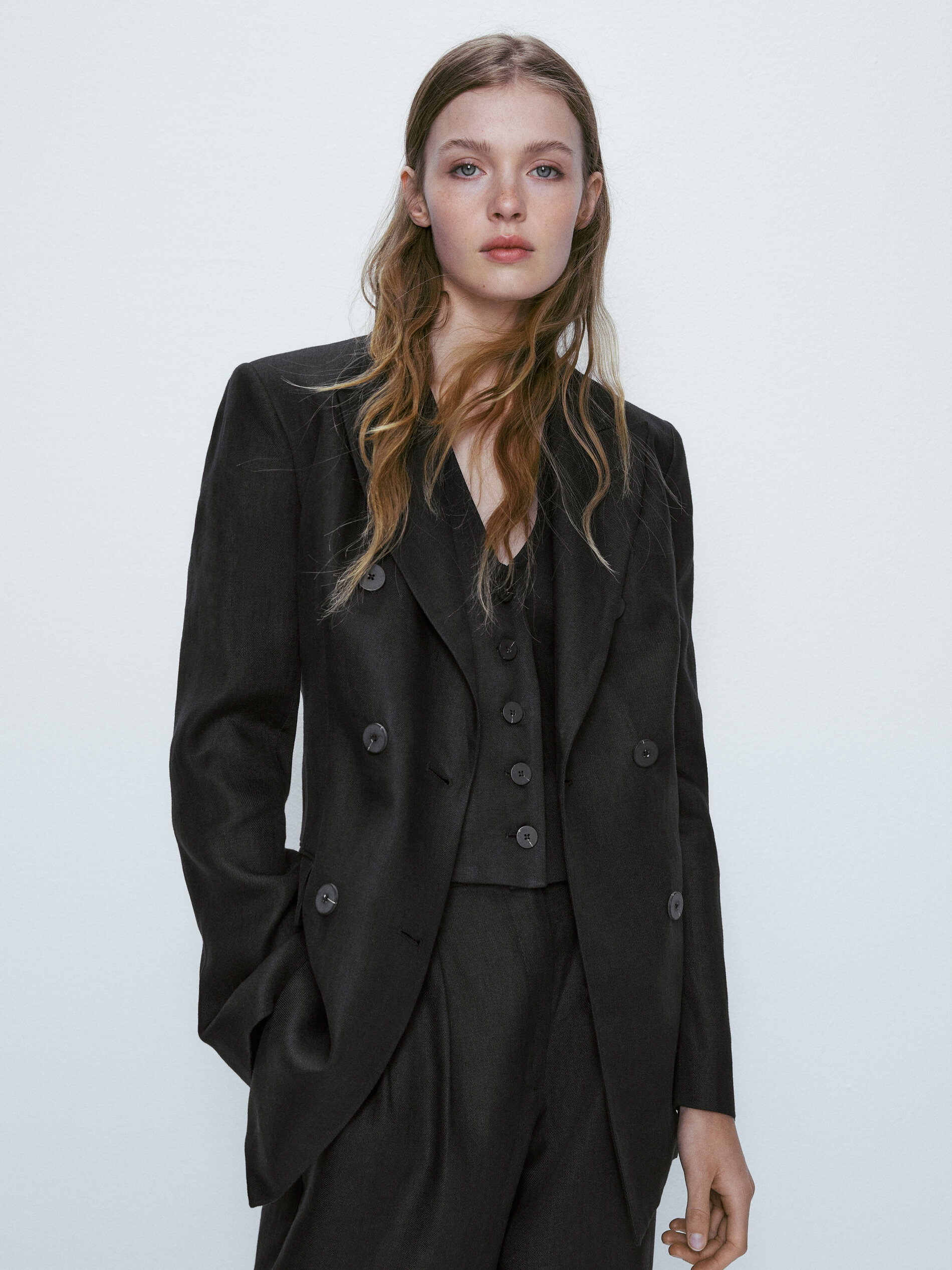 Americana traje cruzada 100% lino - NEGRO