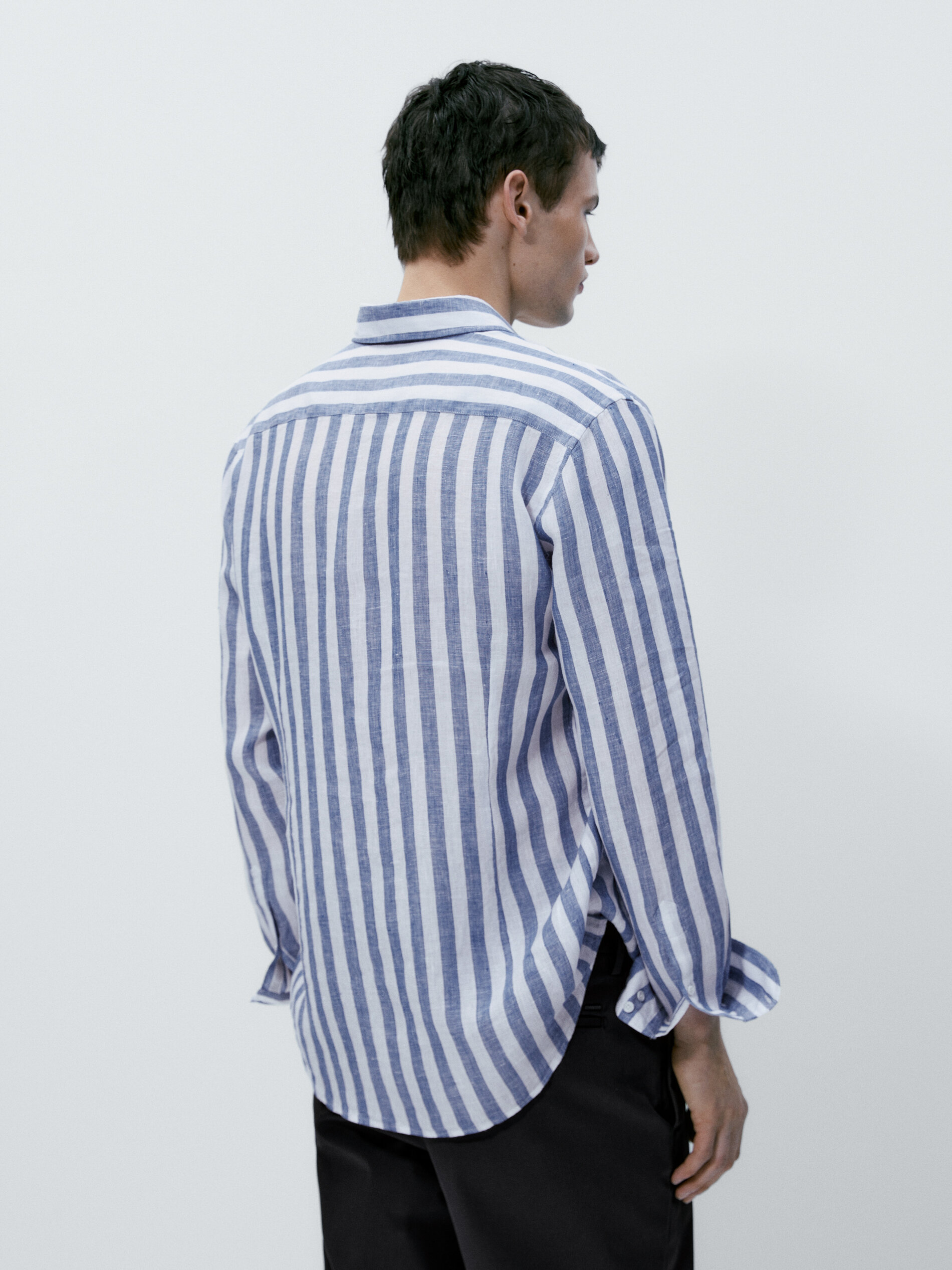 Camisa rayas anchas 100% lino slim fit - AZUL MARINO