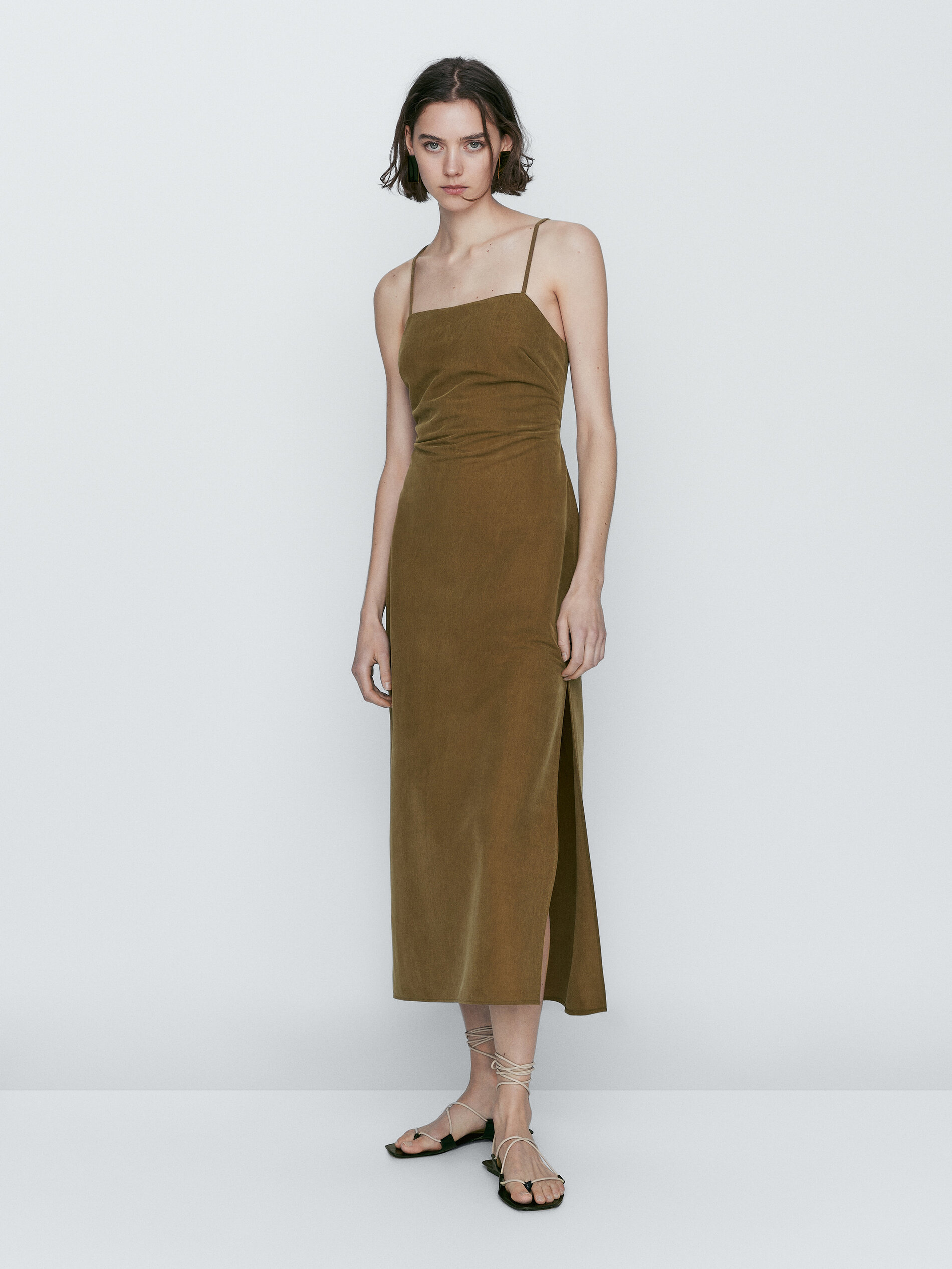 Vestido midi tirantes cupro abertura espalda - KAKI