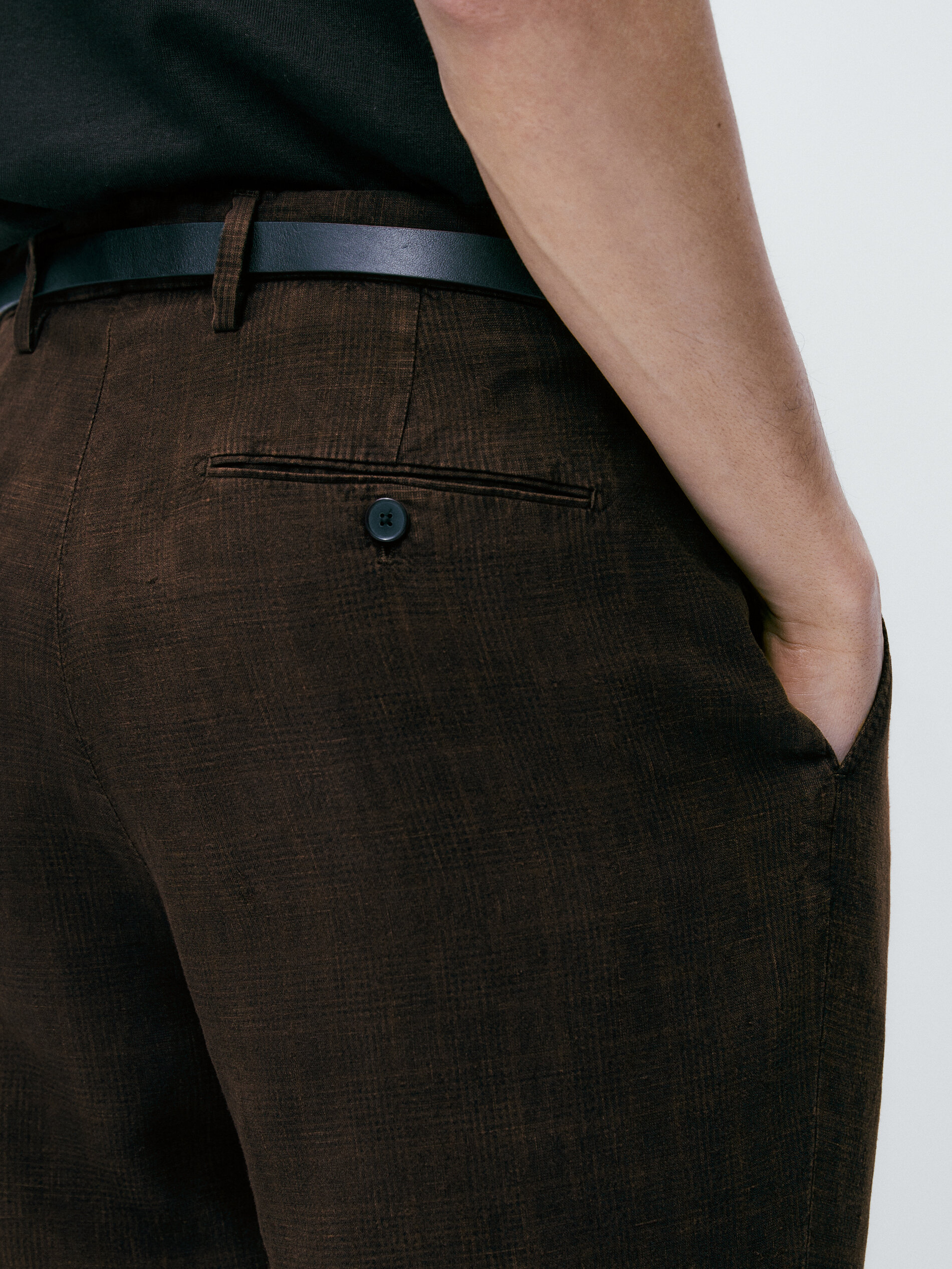 Pantalón traje con lino tintado falso cuadro - MARRÓN