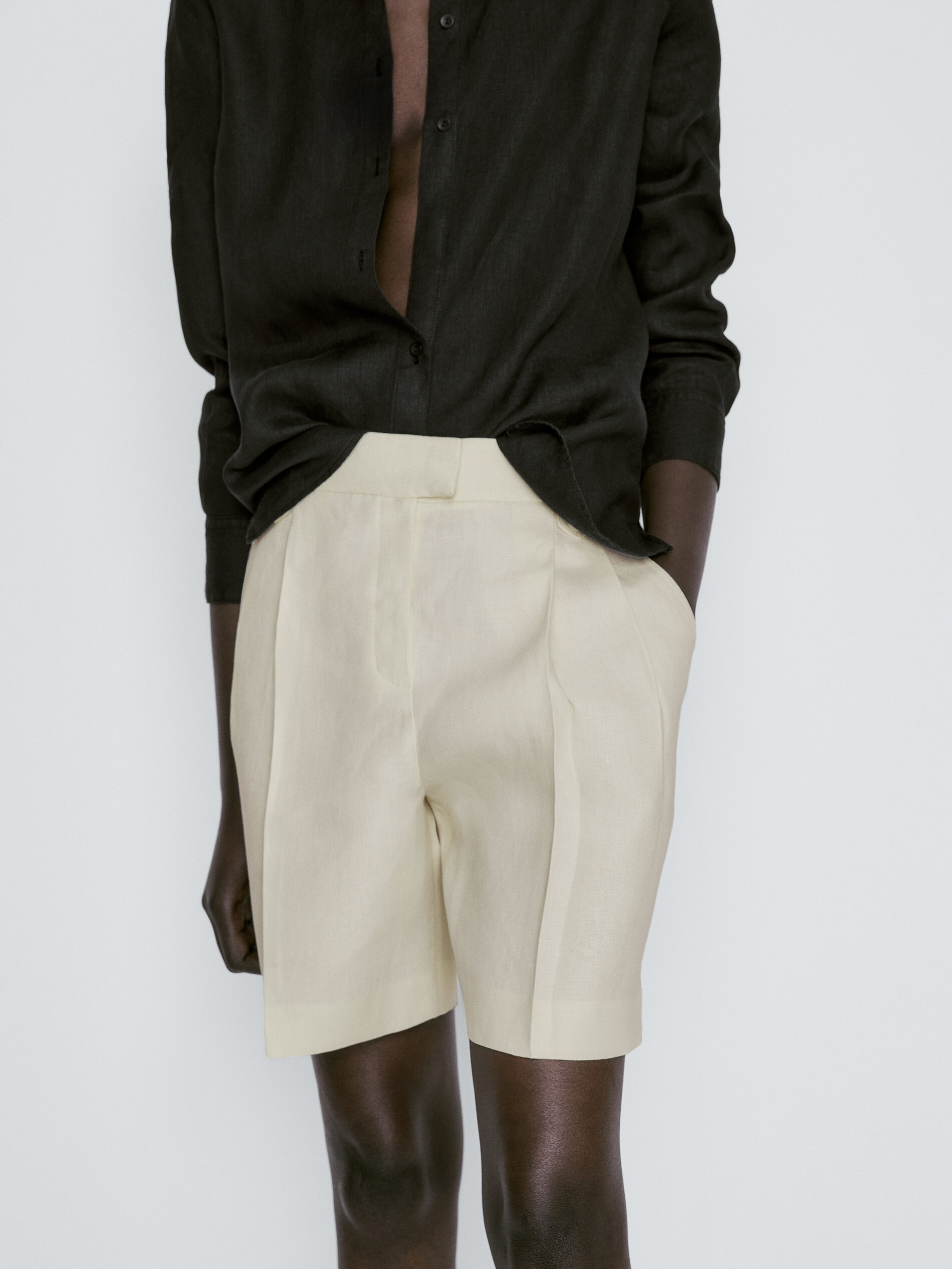 Bermuda pinzas 100% lino - Vainilla