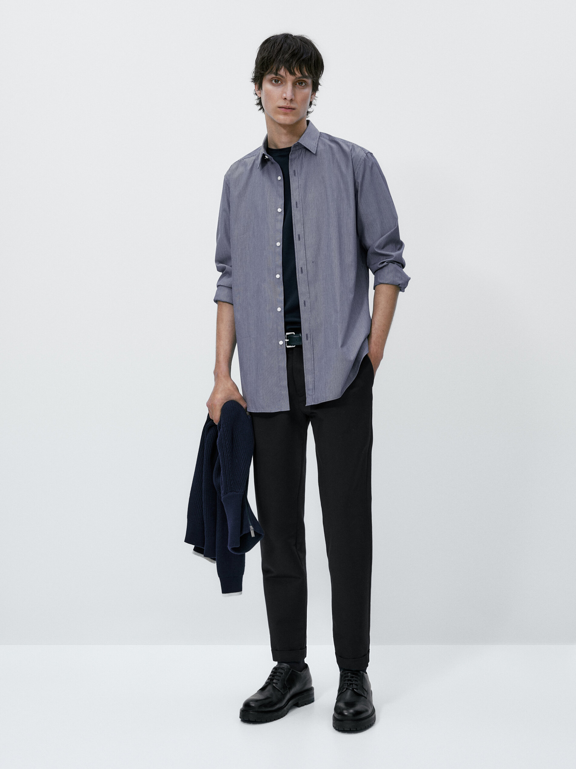 Camisa popelín algodón rayas slim fit - AZUL MARINO