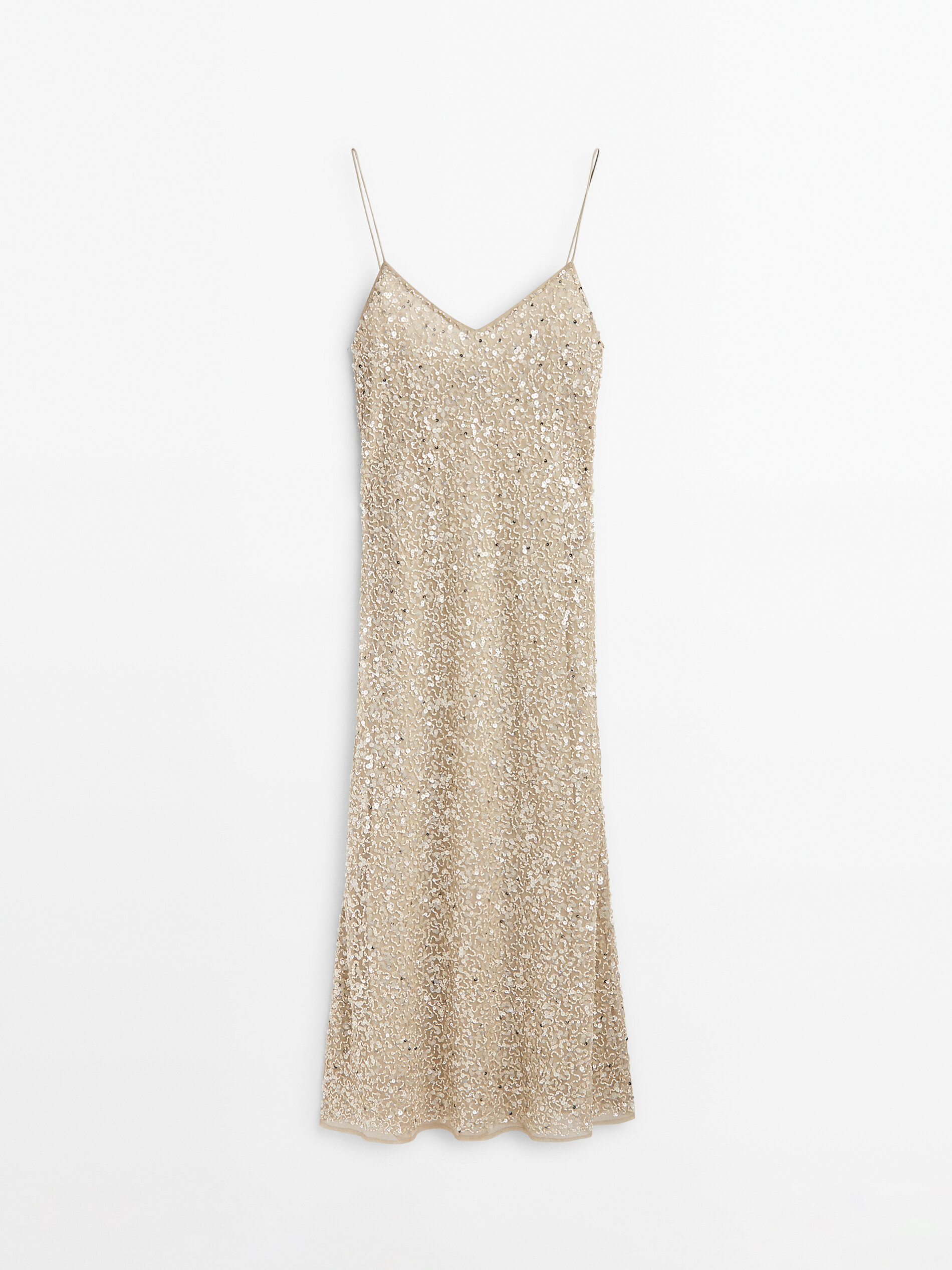 Vestido midi tirantes lentejuelas - BEIGE