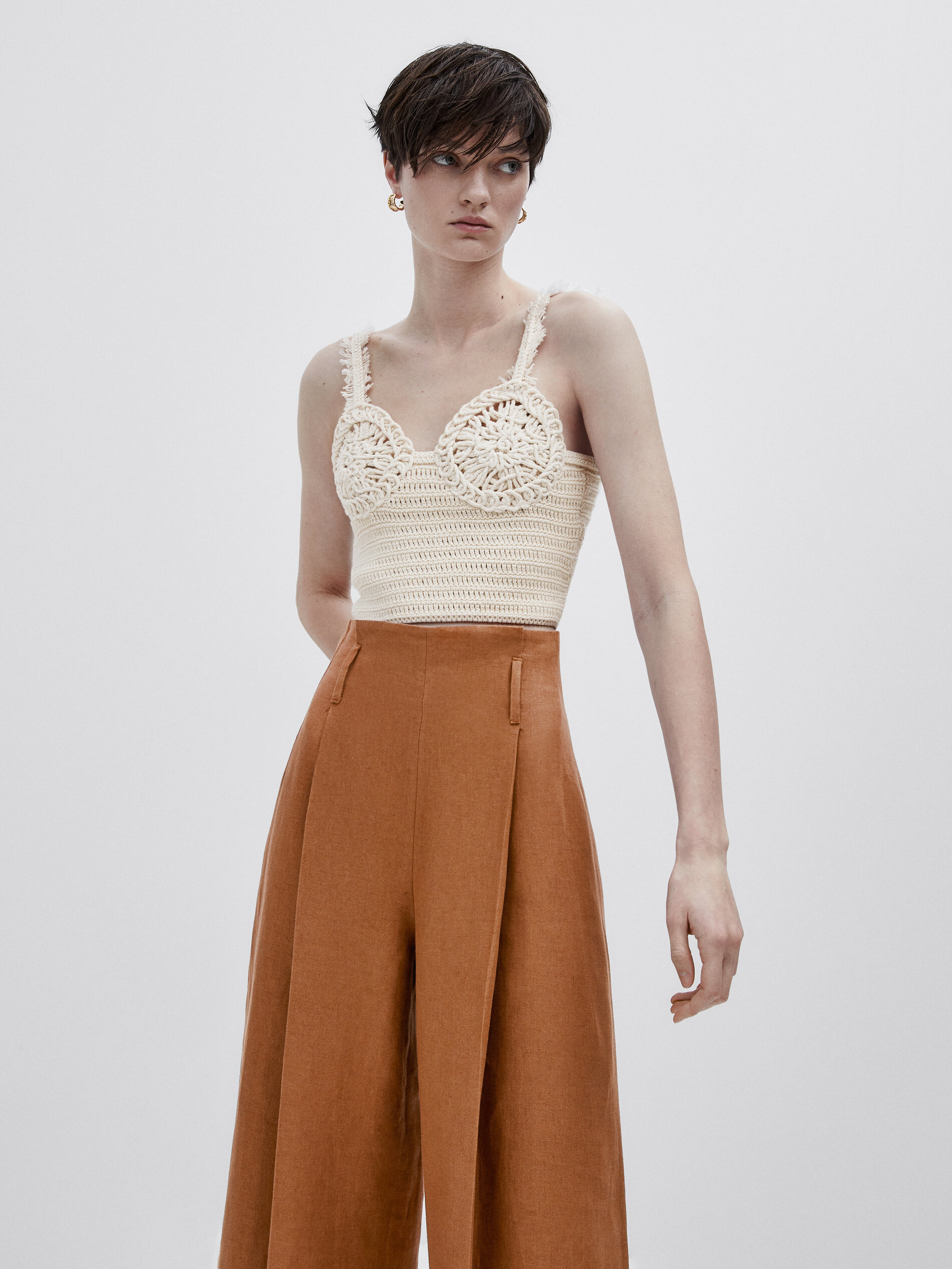 Pantalón lino paperbag -Studio - CAMEL