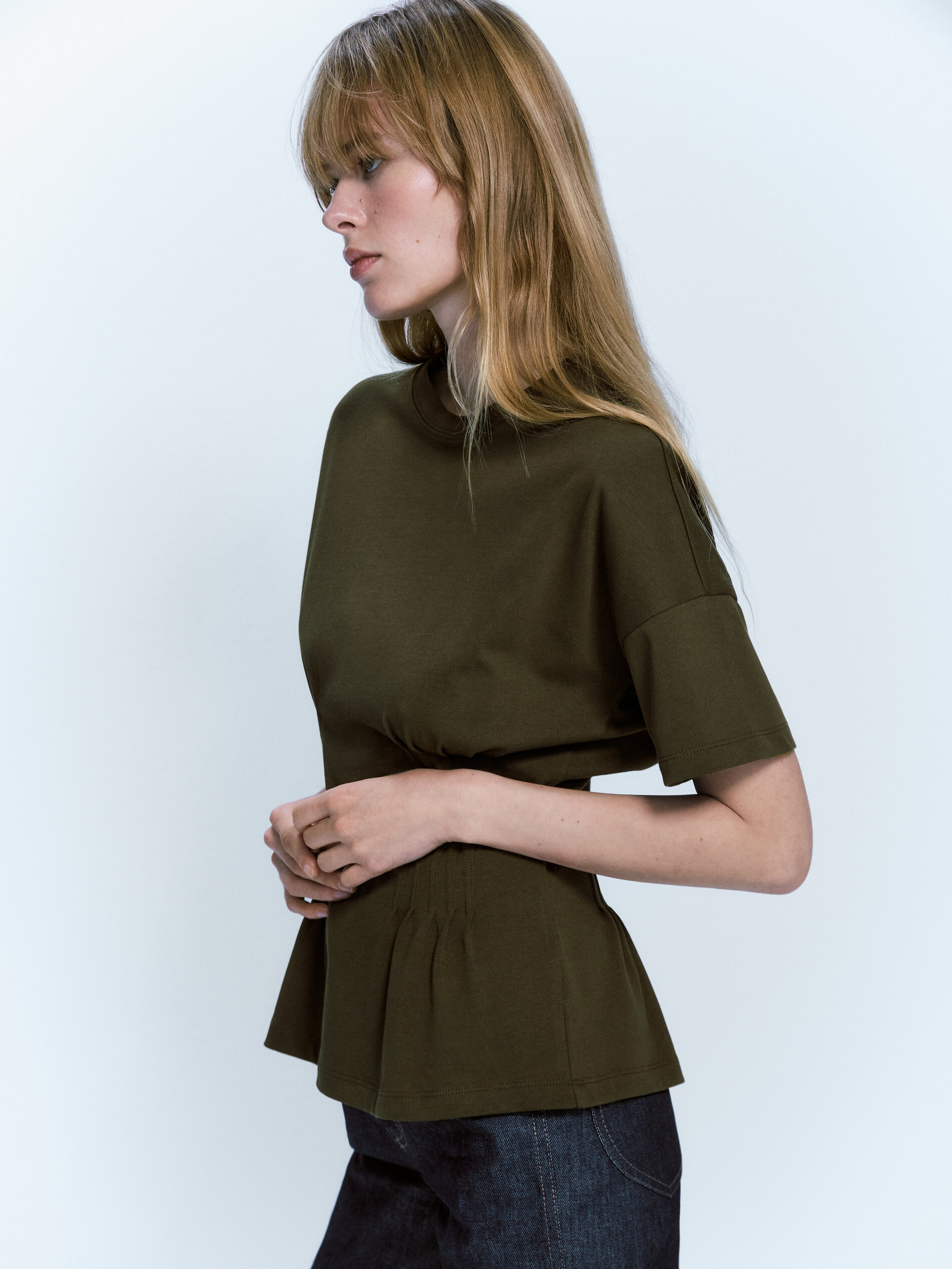 Camiseta algodón frunce cintura - KAKI MEDIO