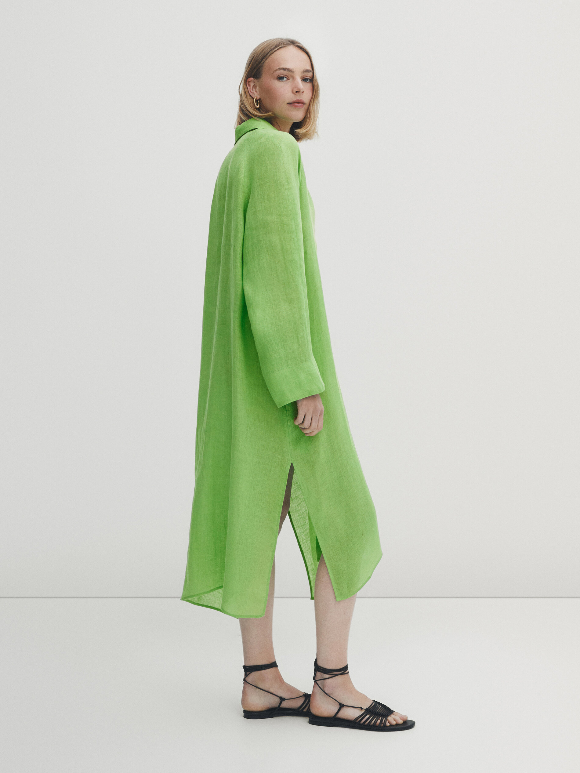 Maxi blusón camisero 100% lino bolsillo - VERDE CLARO