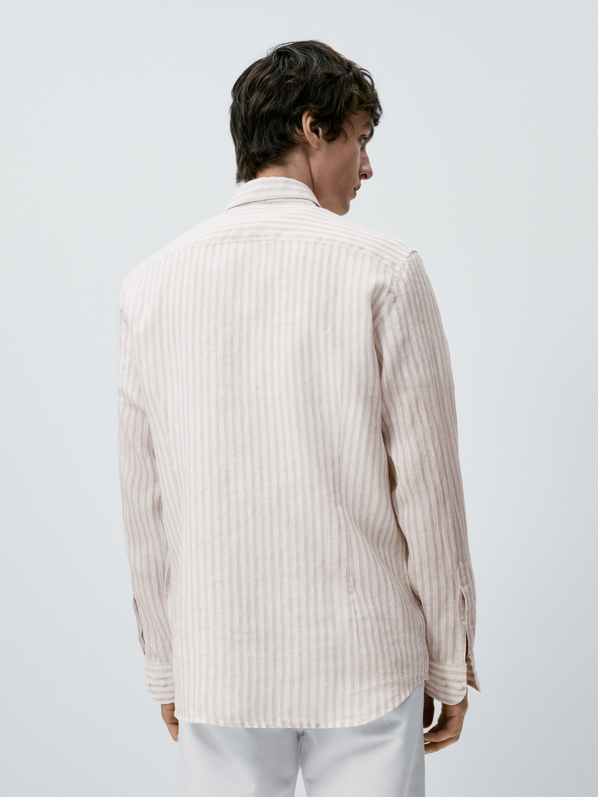 Camisa rayas mezcla lino algodón slim fit - BEIGE