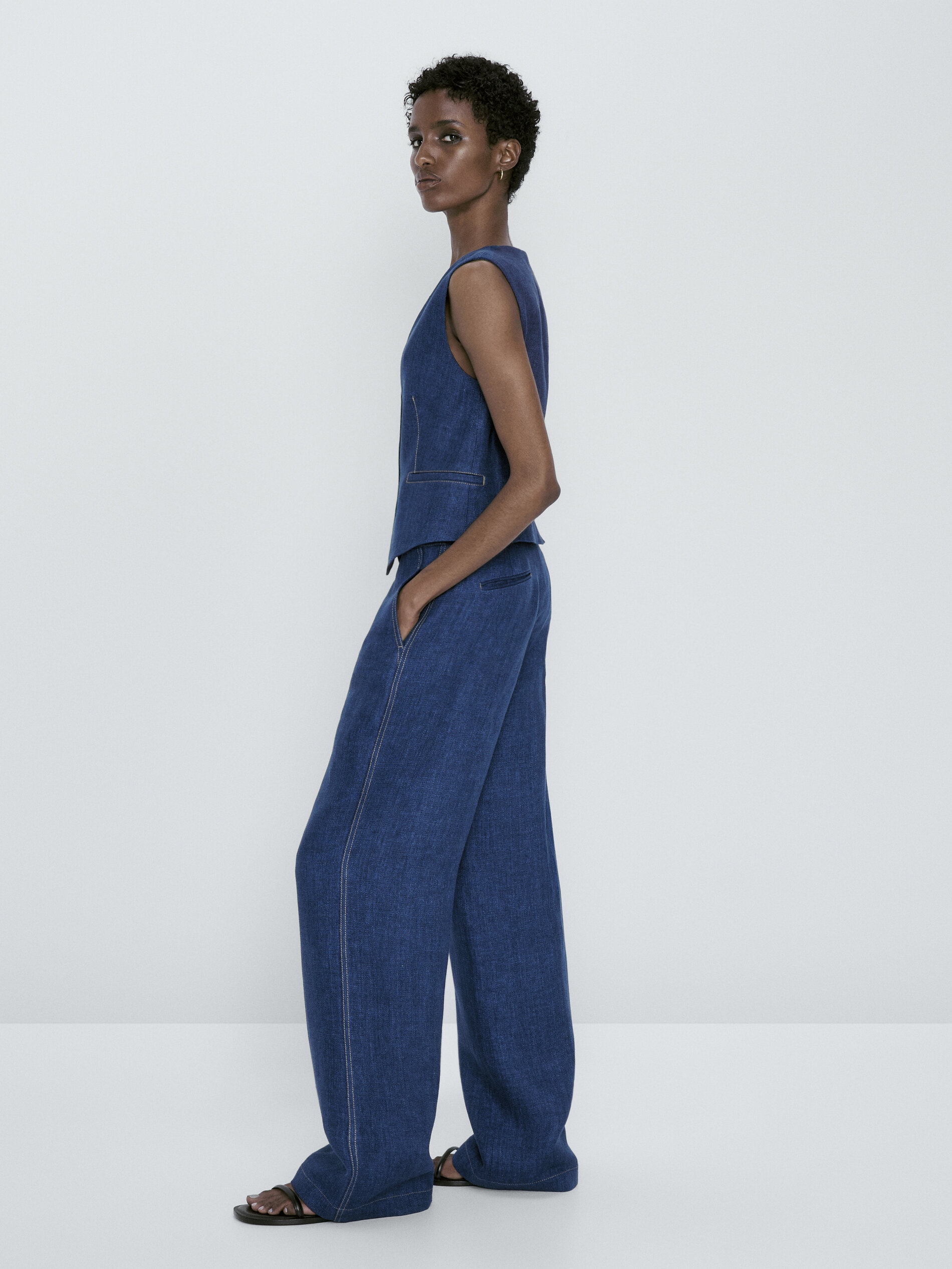 Pantalón traje ancho lino pespuntes - AZUL MARINO