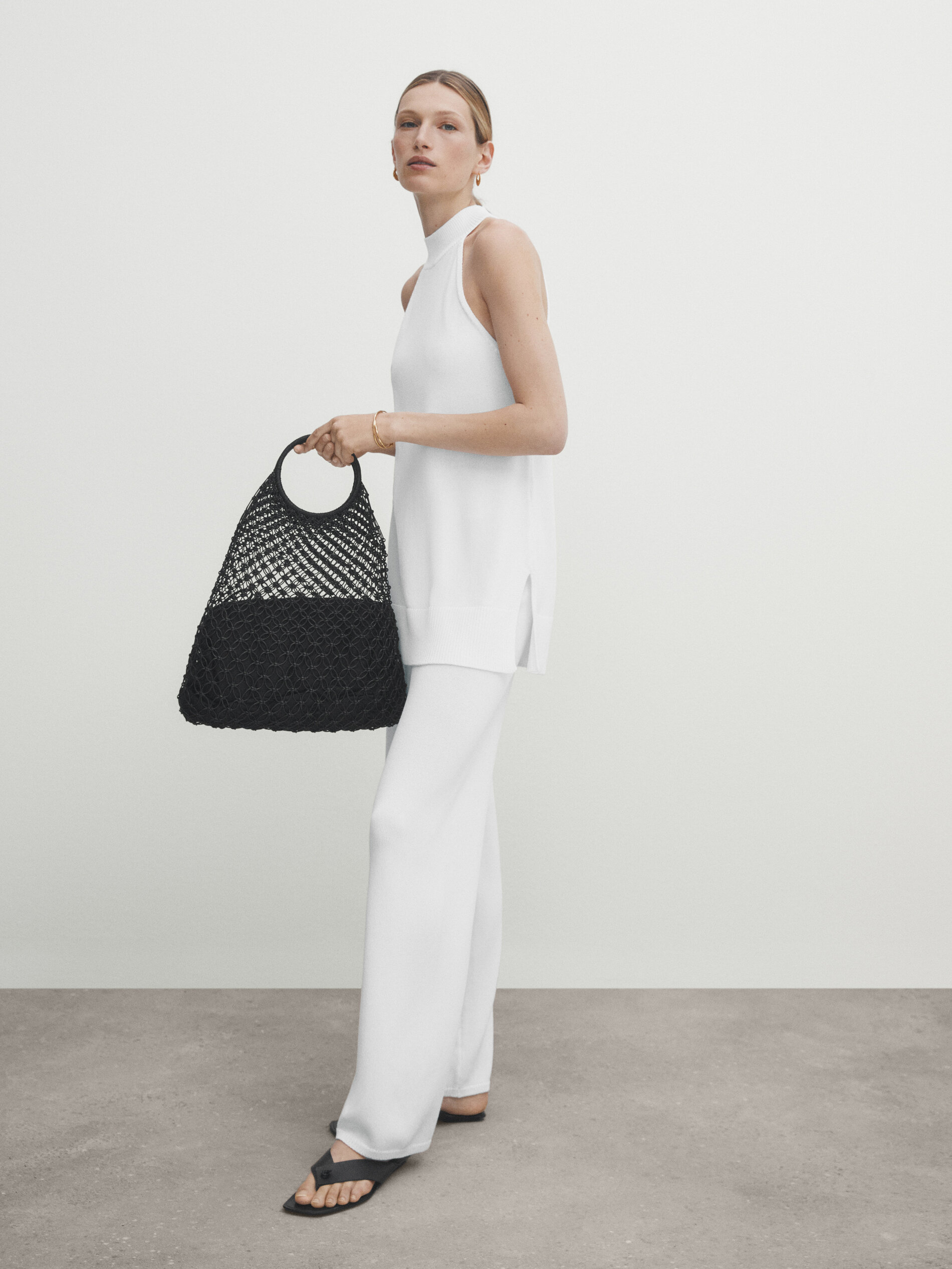 Pantalón punto bajo canalé conjunto - BLANCO