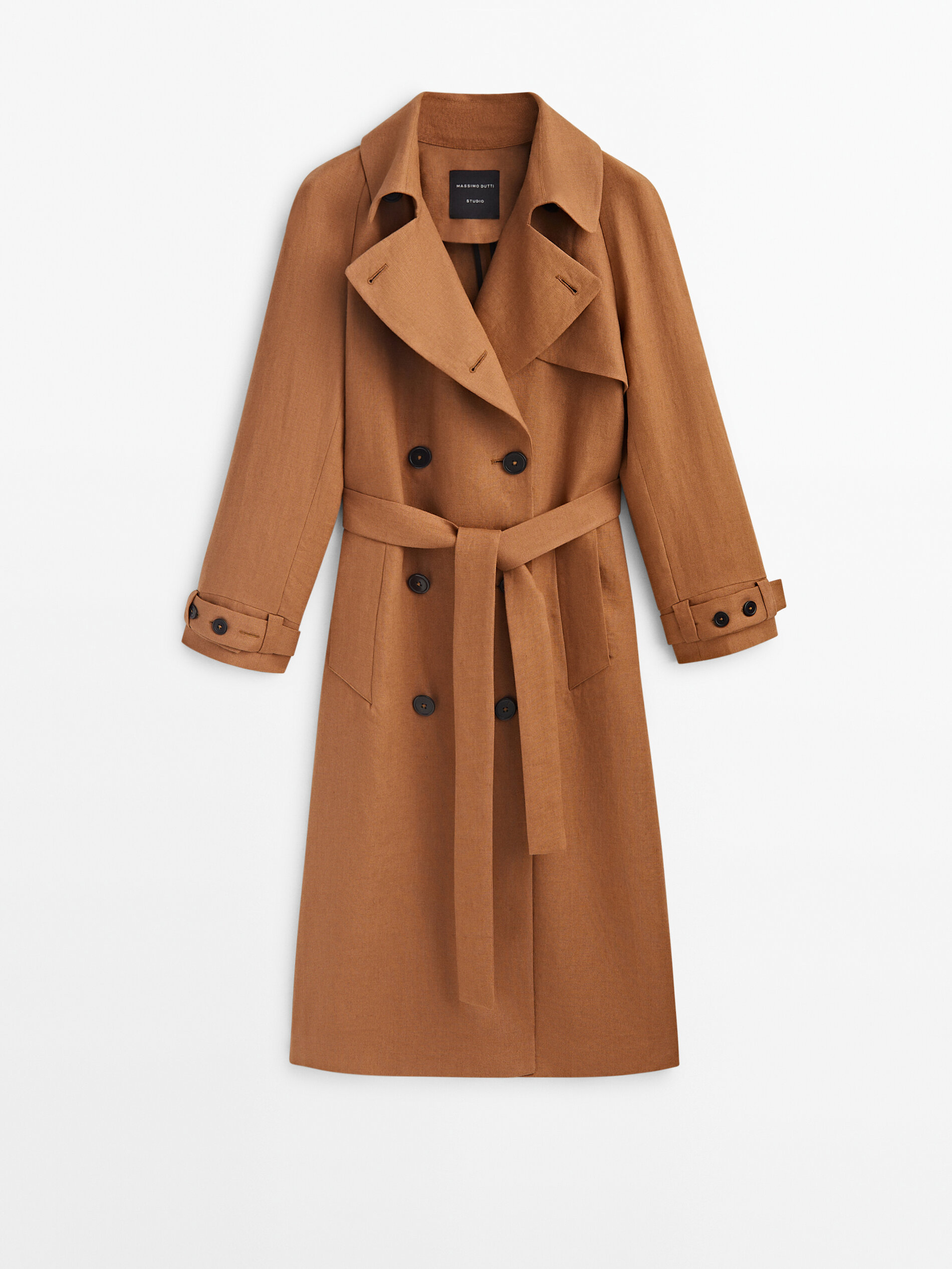 Gabardina lino cinturón -Studio - CAMEL