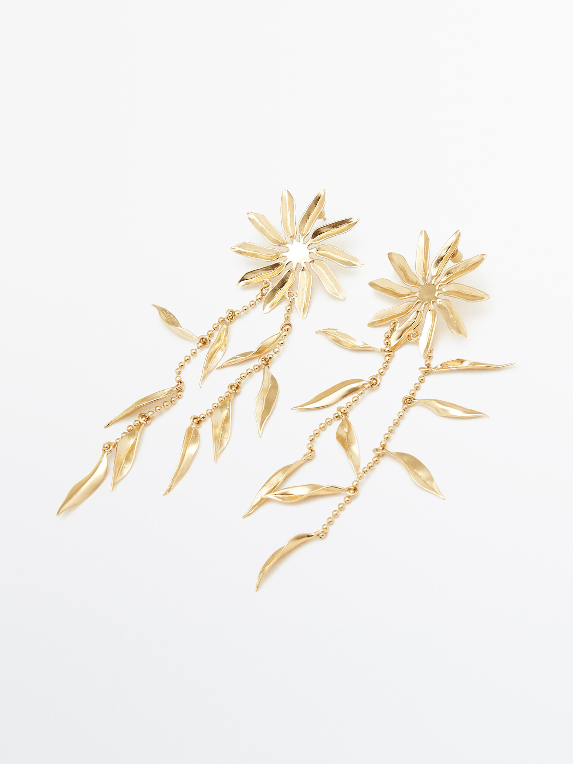 Pendientes largos flor y rama baño oro - DORADO