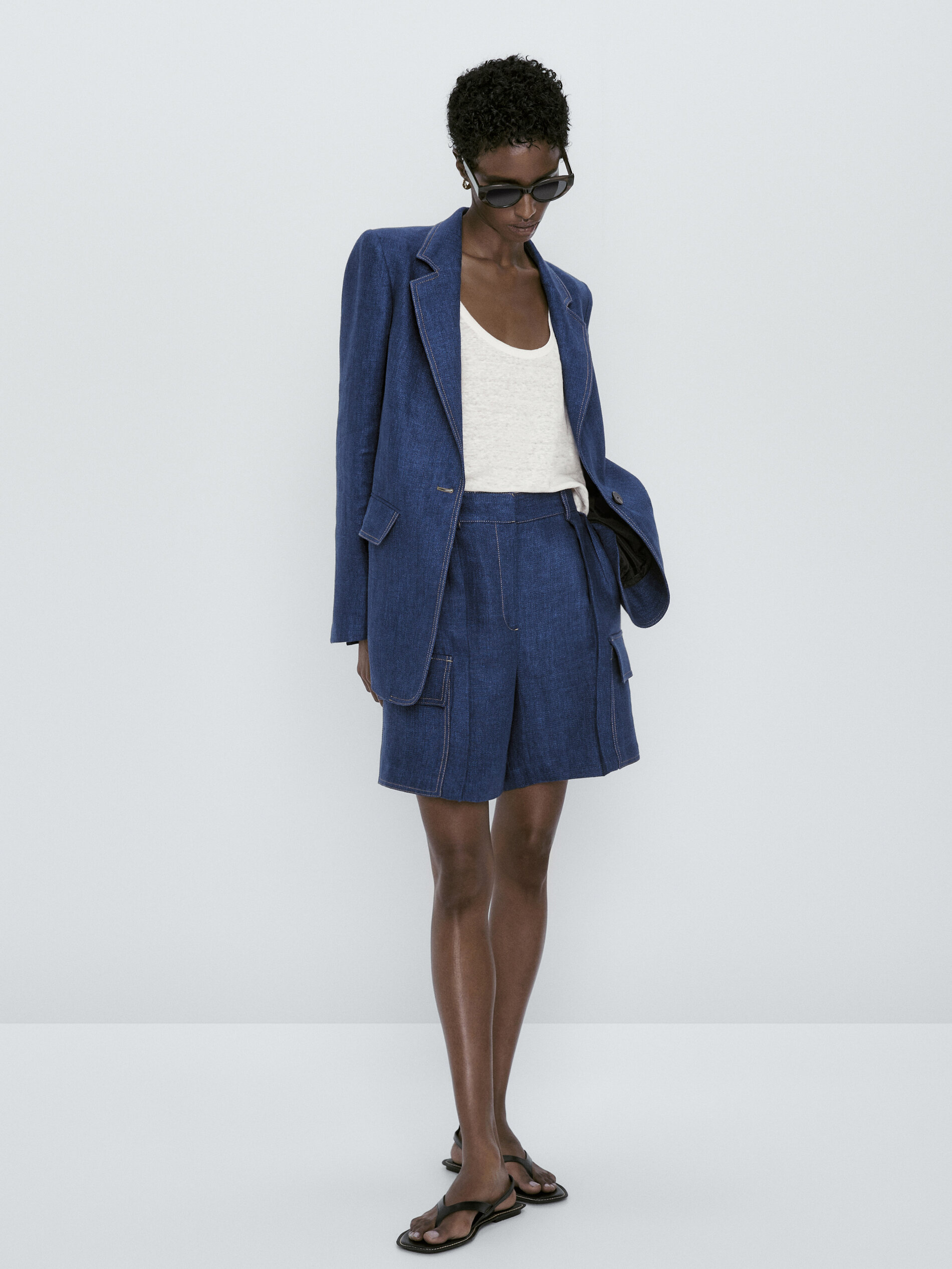 Bermuda cargo lino pespuntes - AZUL MARINO