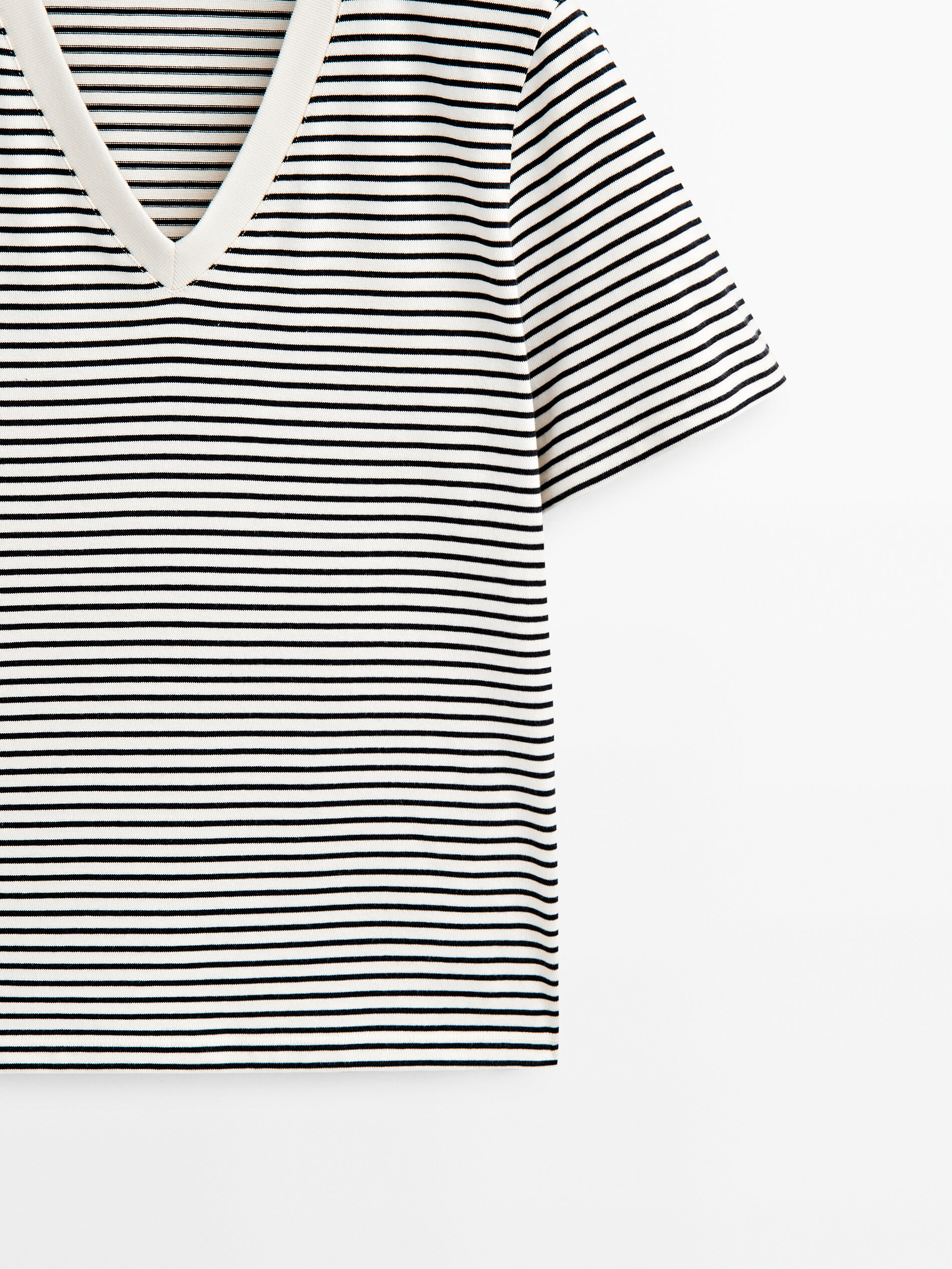 Camiseta rayas cuello pico contraste algodón - CRUDO