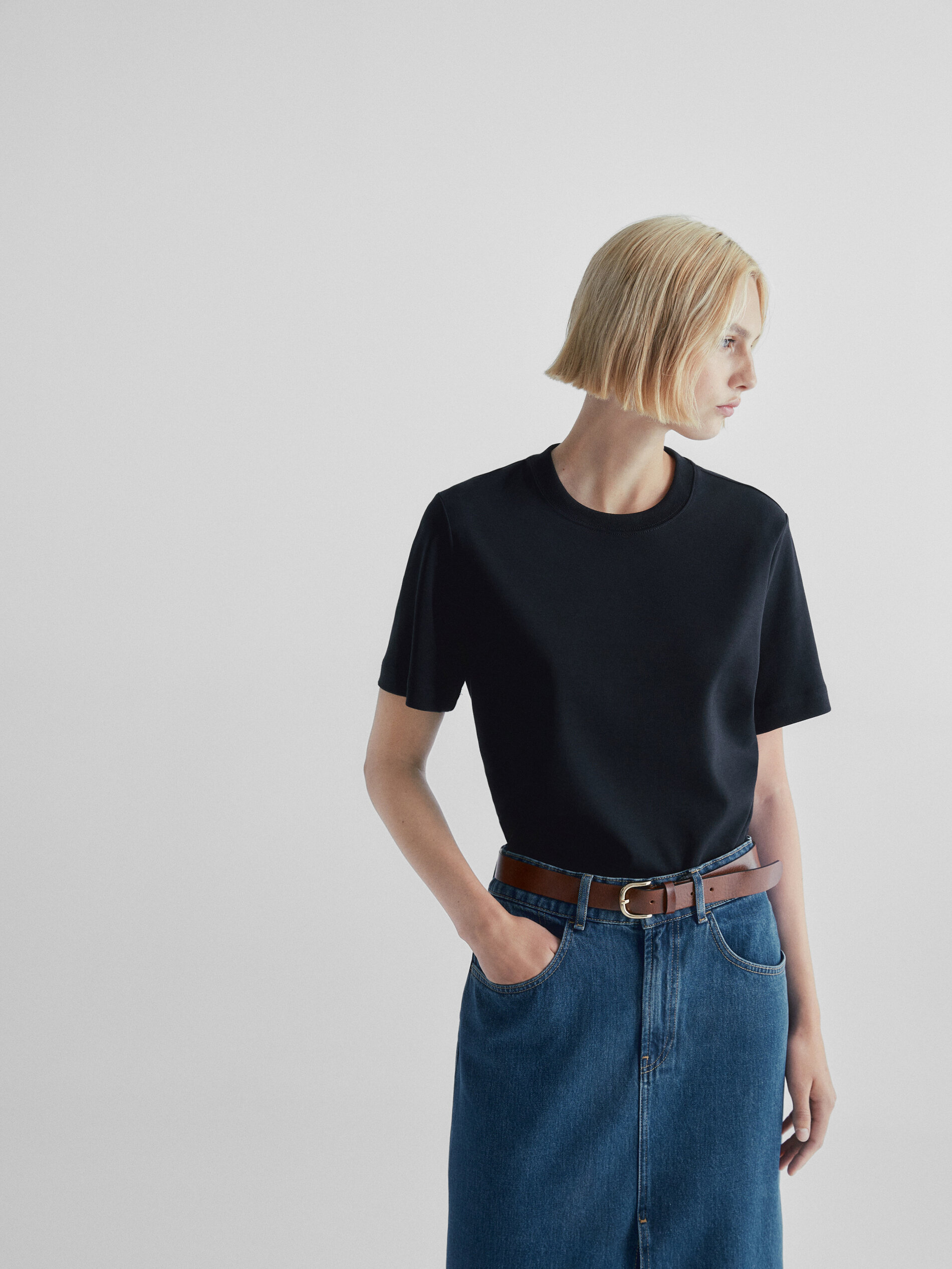 Falda midi denim tiro alto - AZUL MEDIO