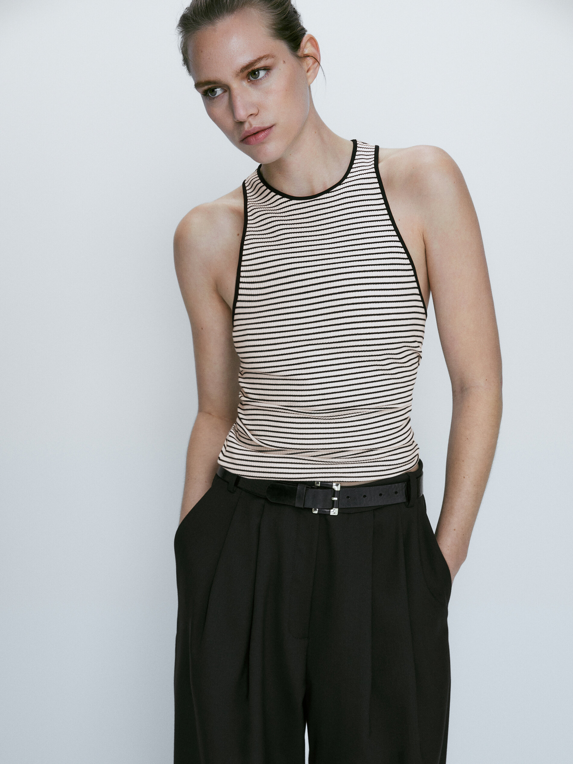 Camiseta rayas algodón sin mangas - CRUDO