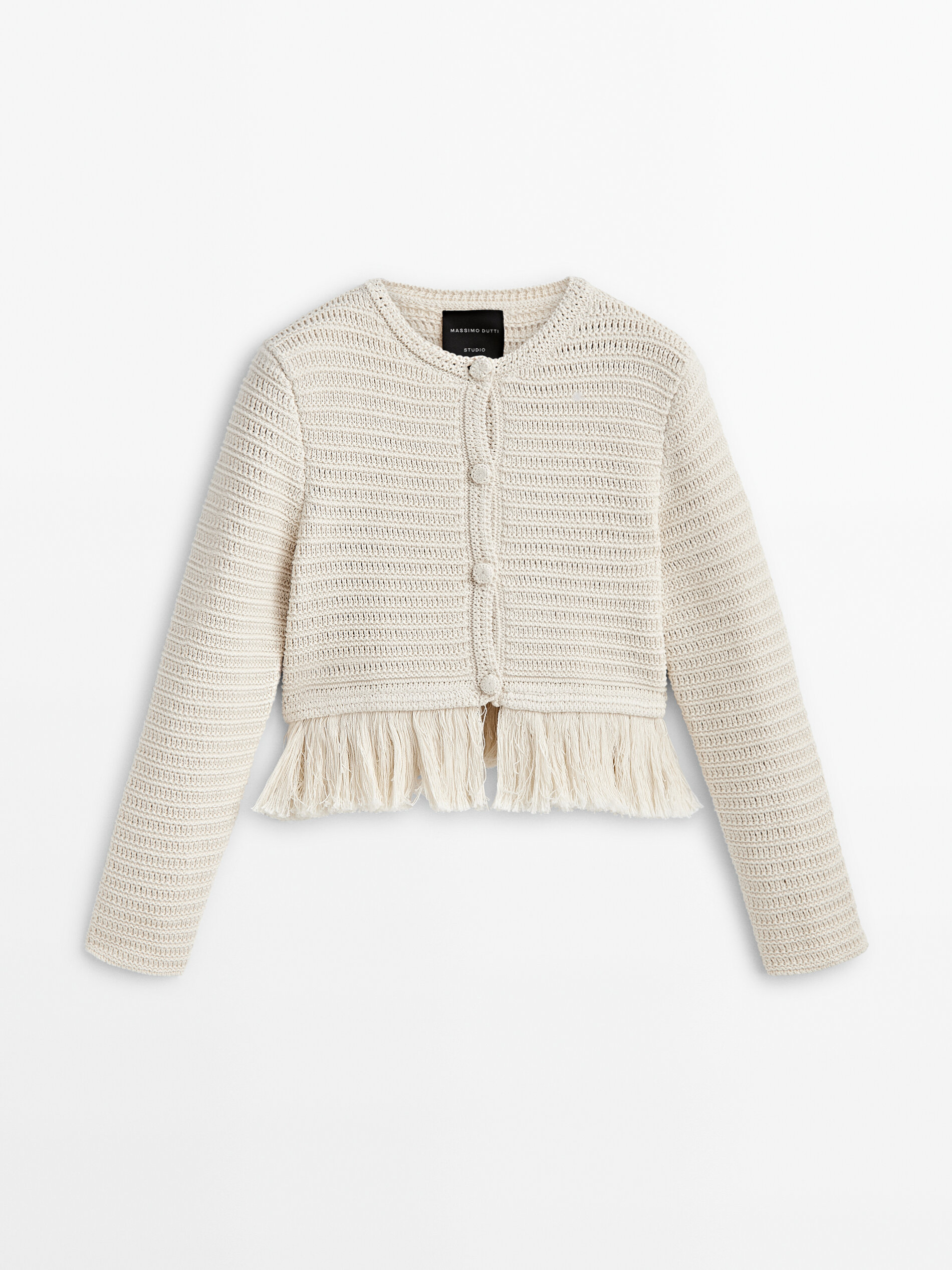 Cárdigan punto crochet flecos -Studio - BEIGE