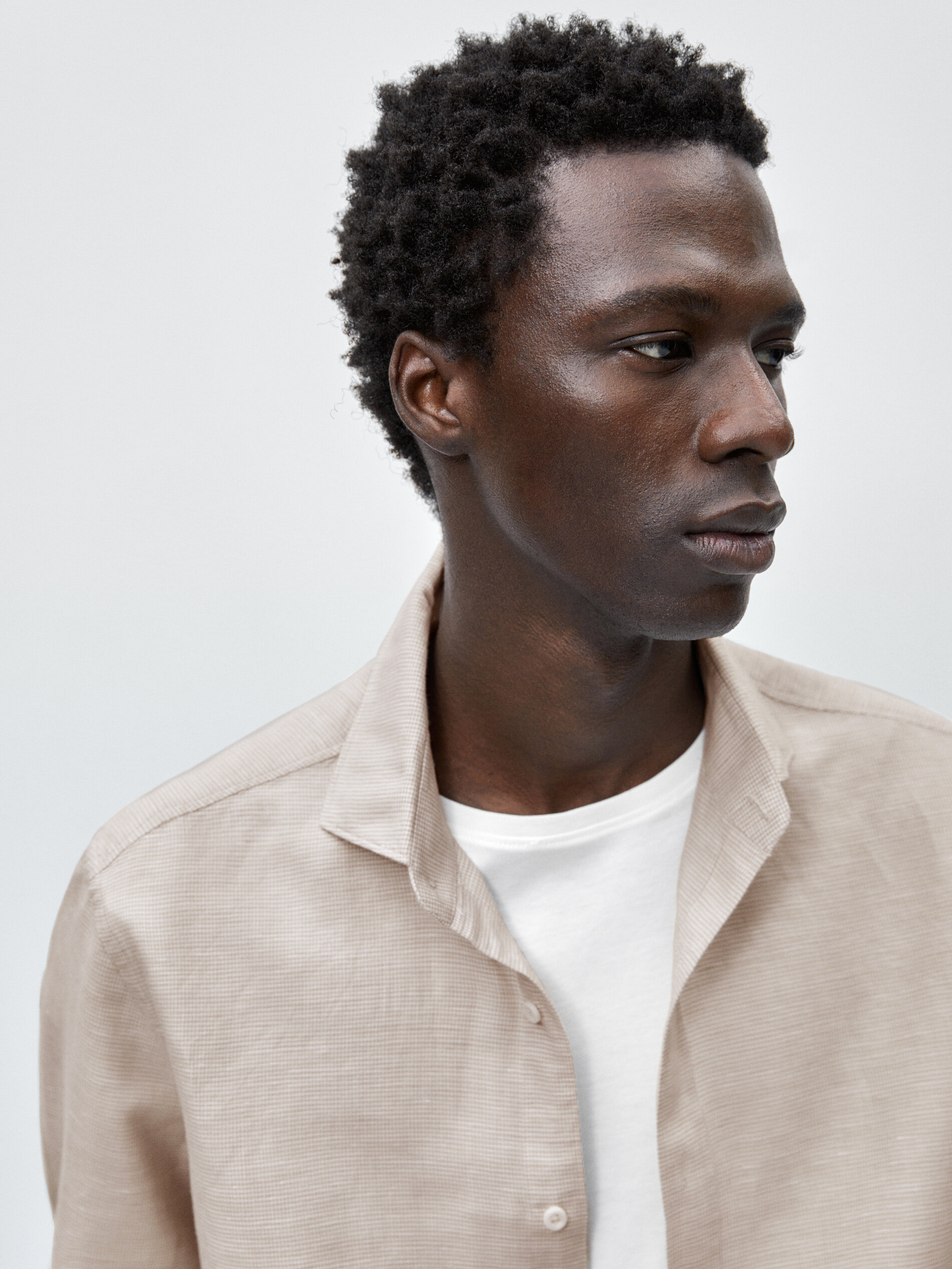 Camisa con lino pata de gallo slim fit - BEIGE