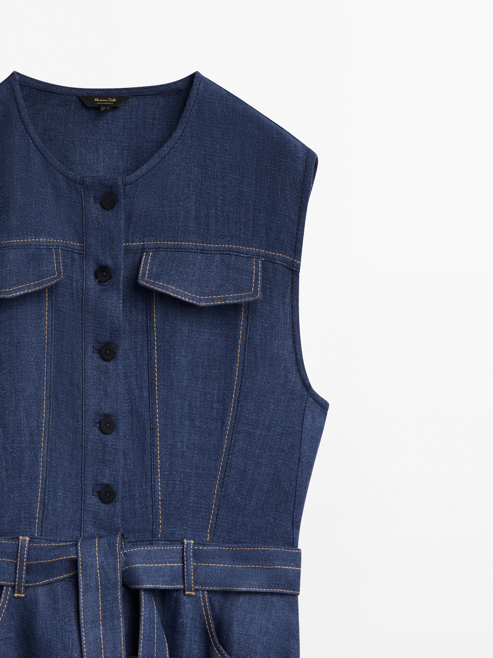 Vestido lino sin mangas pespuntes - AZUL MEDIO