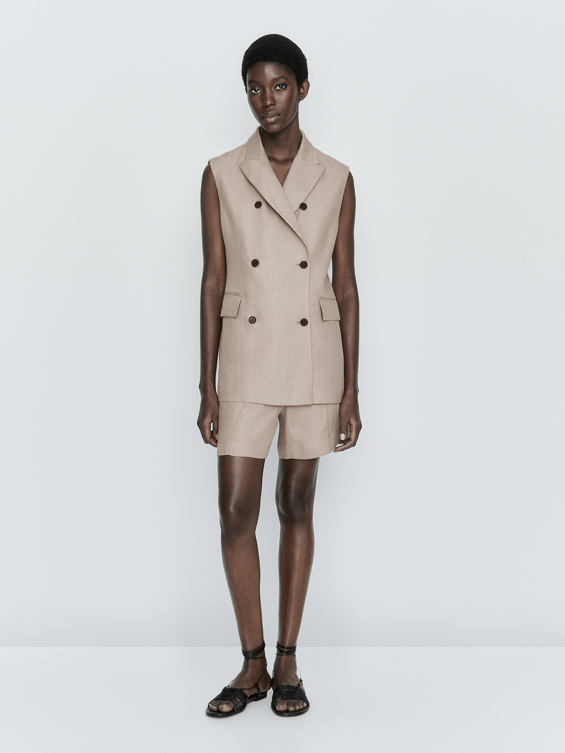 Chaleco largo cruzado 100% lino - VISÓN