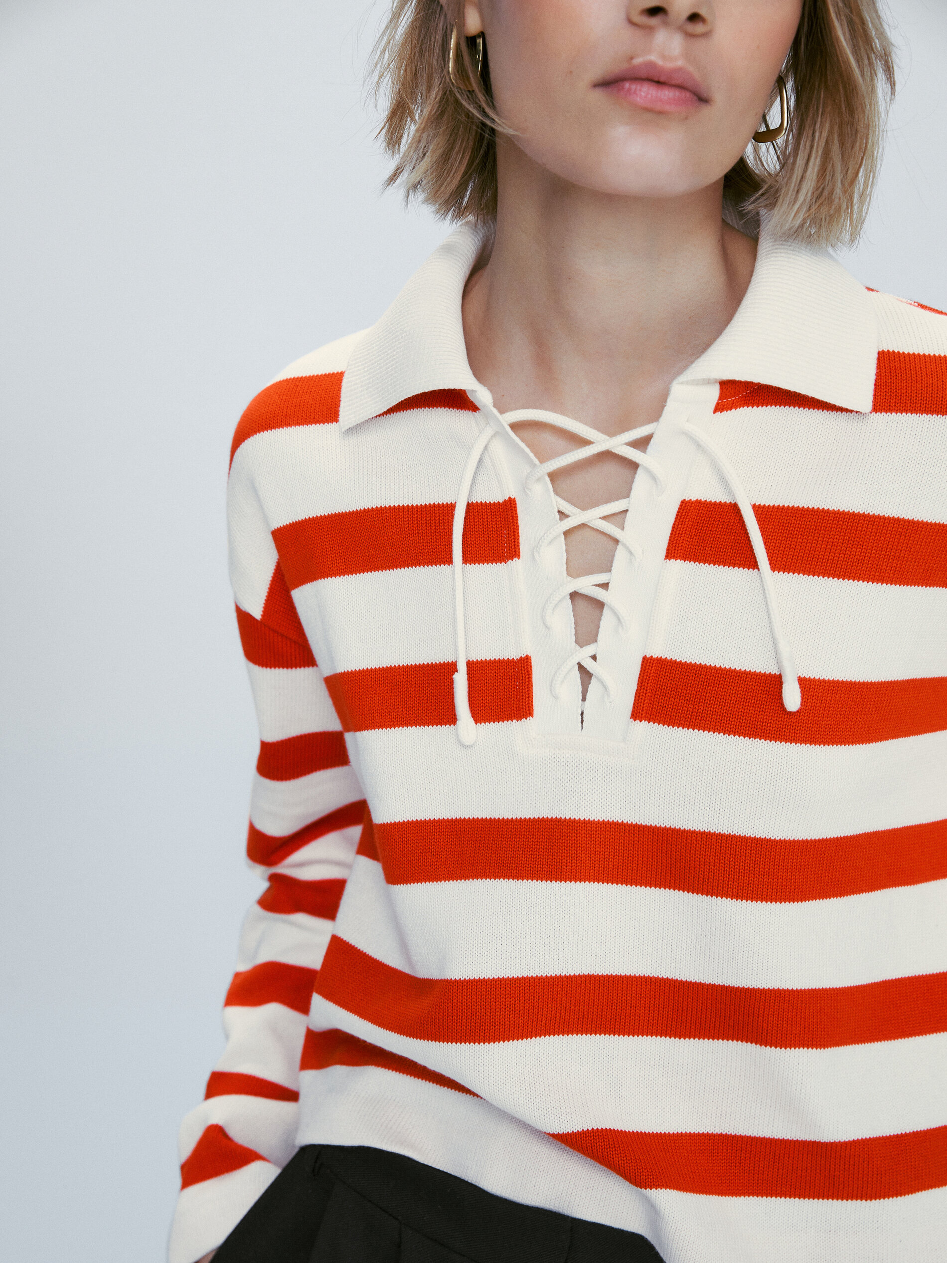 Sudadera rayas cuello polo tiras cruzadas - ROJO