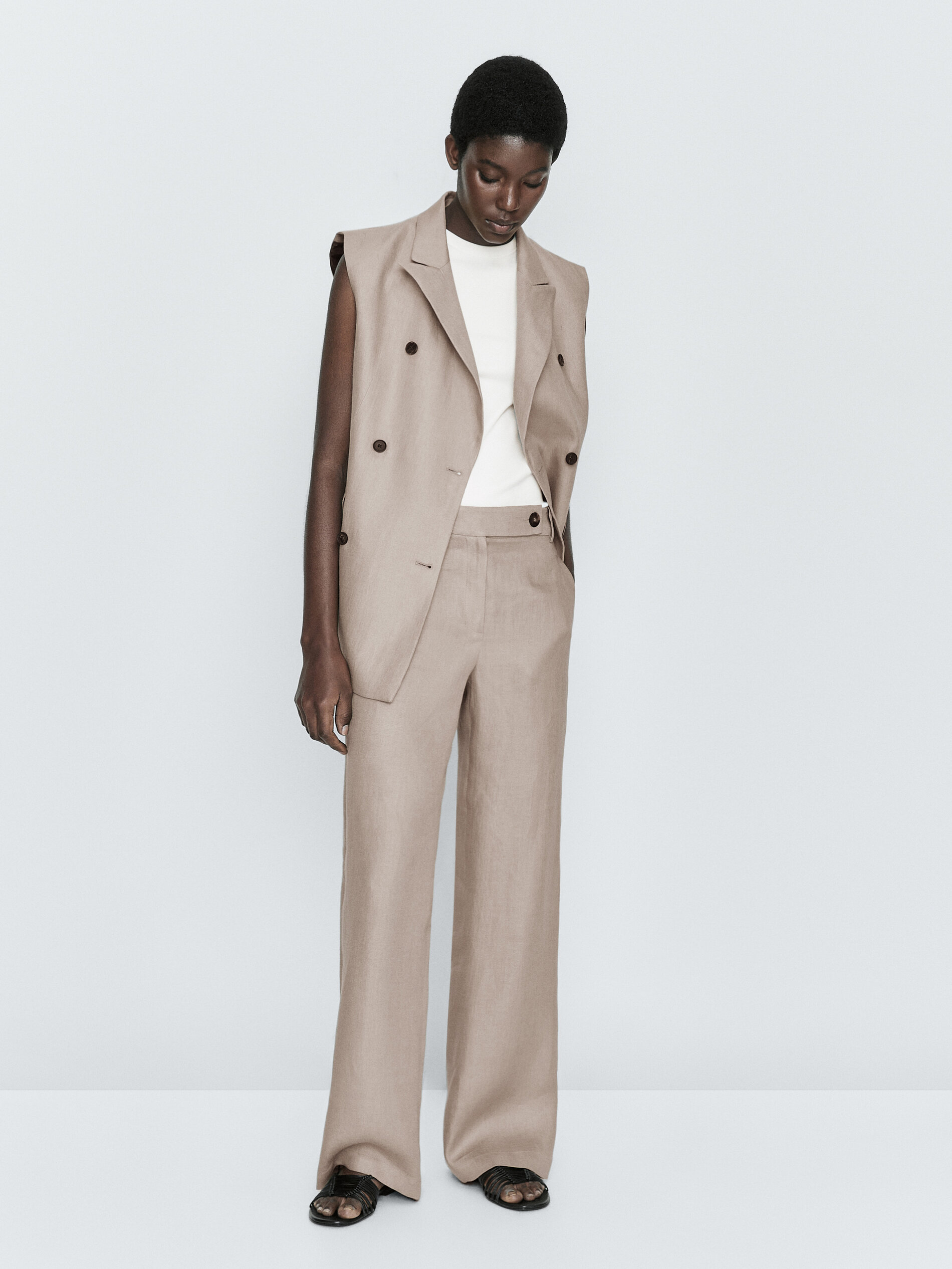 Pantalón traje 100% lino corte recto - VISÓN