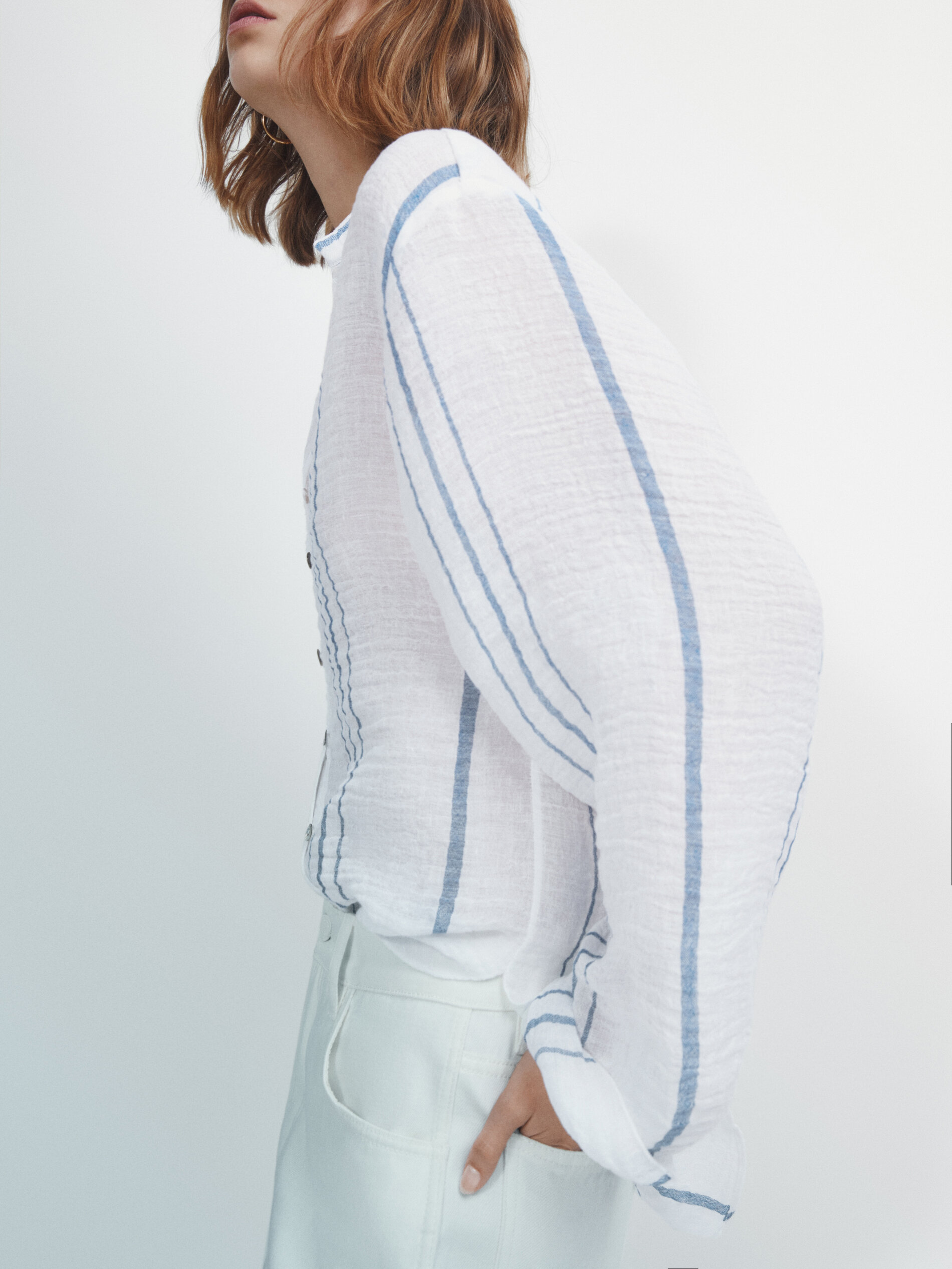 Camisa rayas mezcla lino gofrado - BLANCO