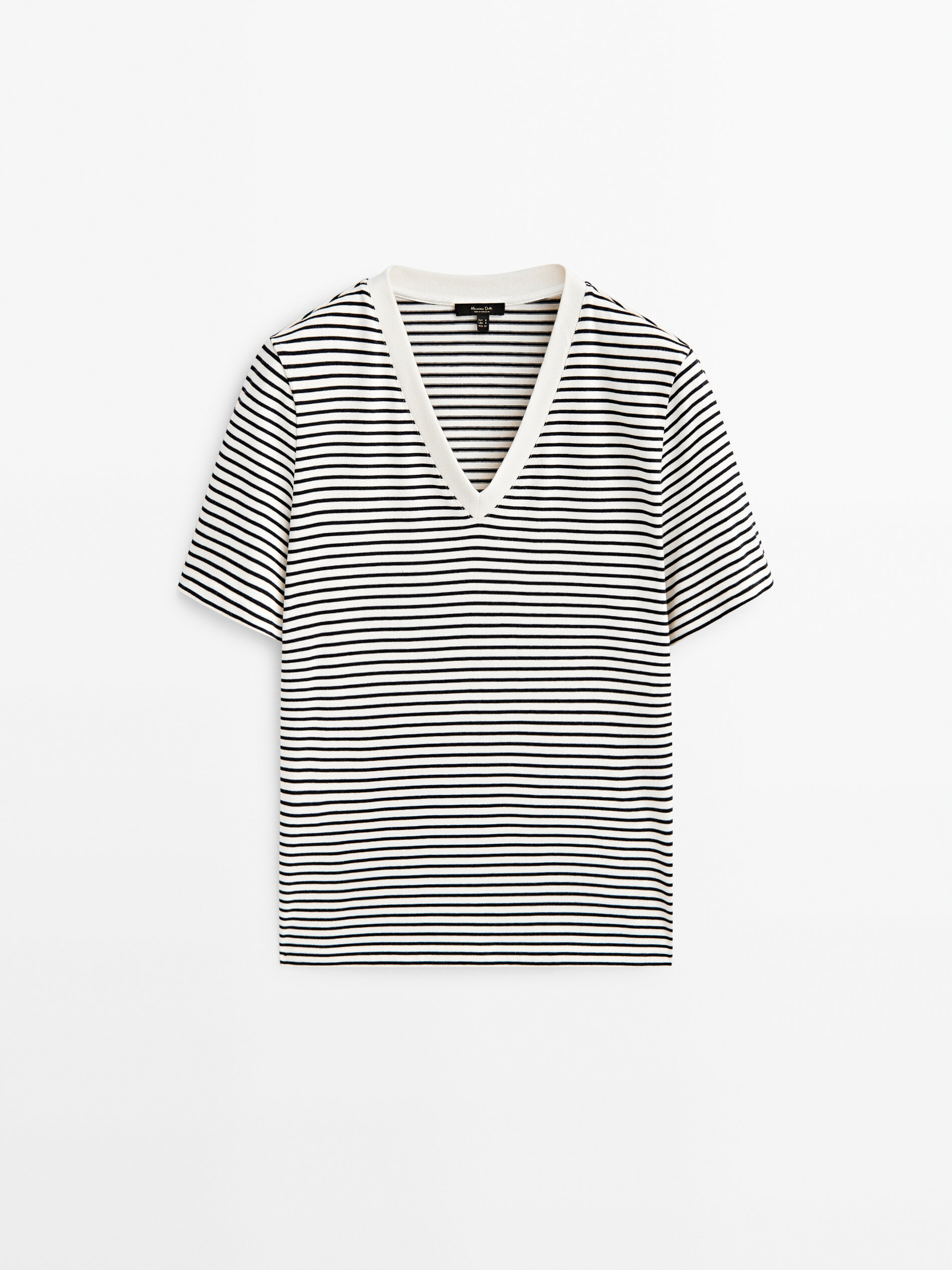 Camiseta rayas cuello pico contraste algodón - CRUDO