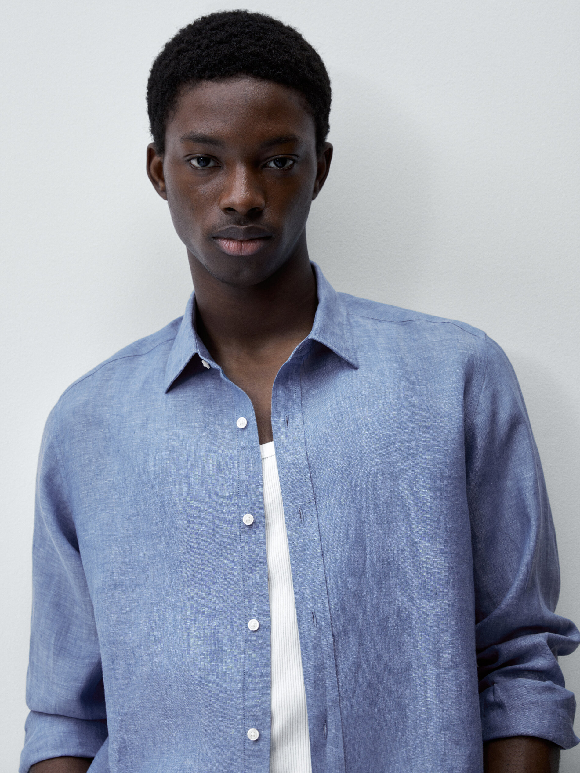 Camisa lino tintado regular fit - AZUL MEDIO