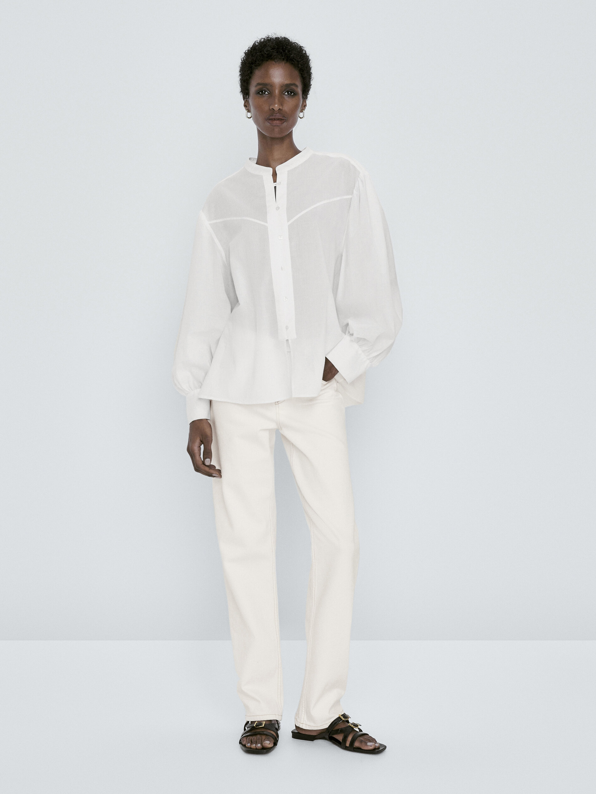 Camisa algodón lavada cuello mao - BLANCO