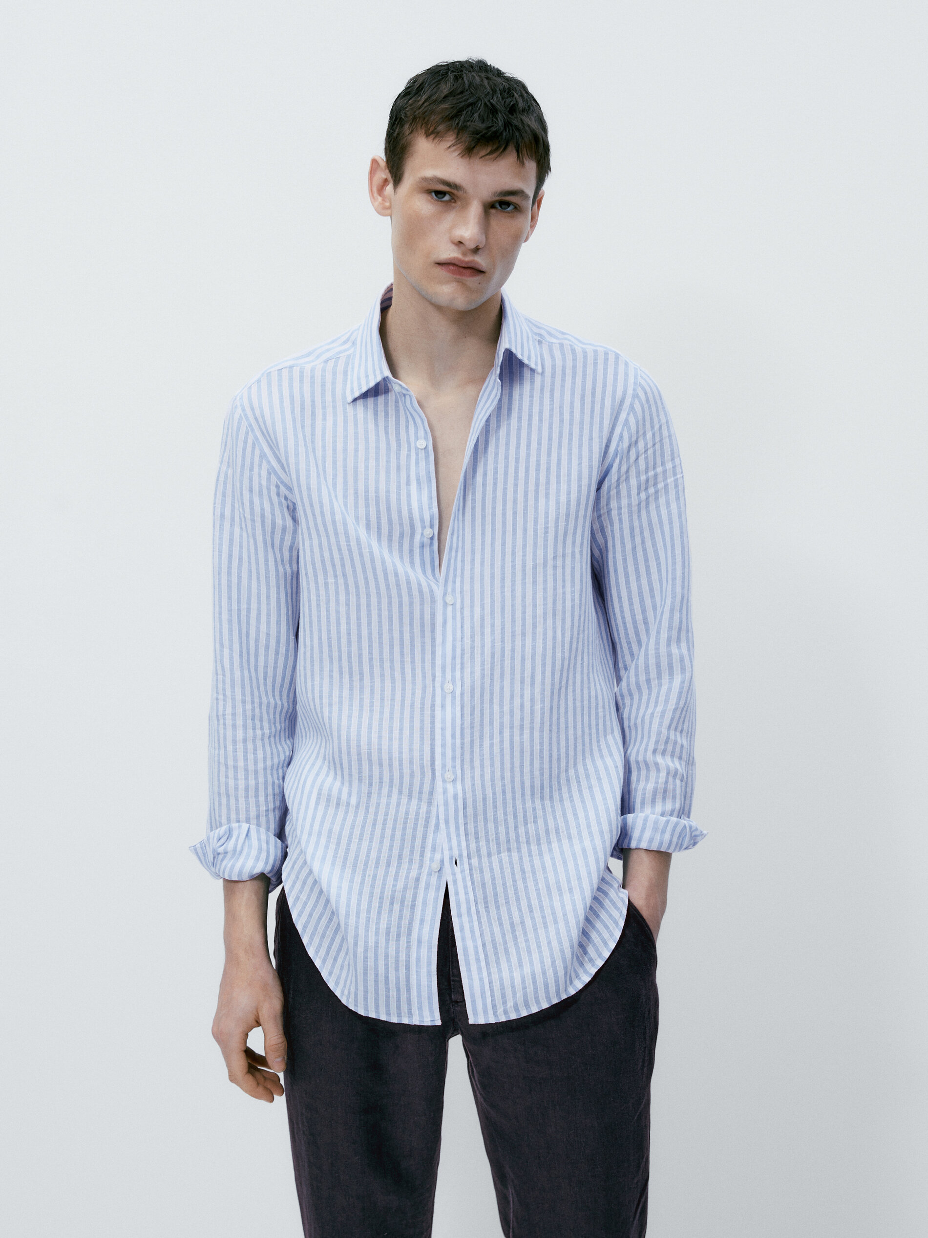 Camisa rayas mezcla lino algodón slim fit - CELESTE