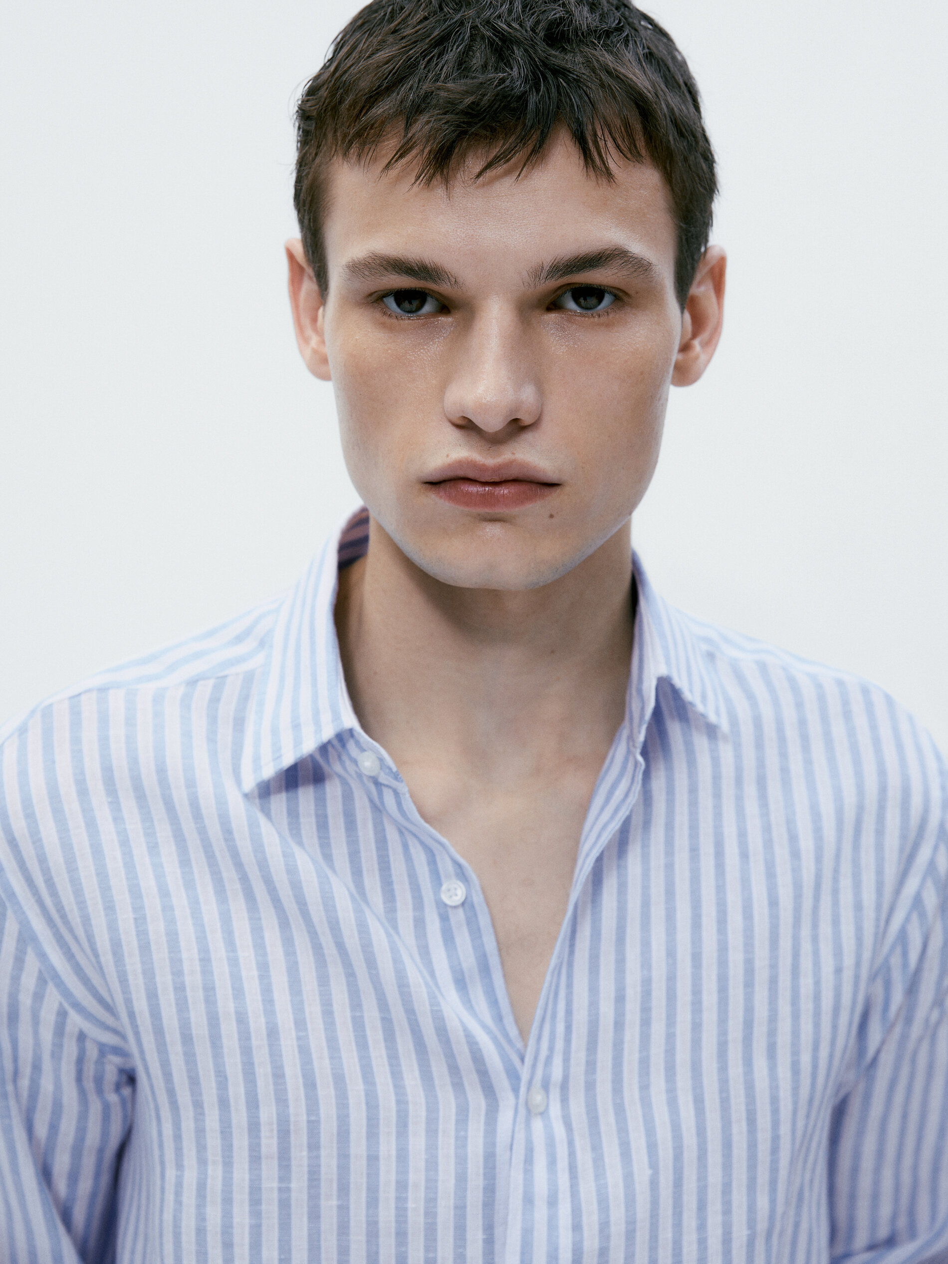 Camisa rayas mezcla lino algodón slim fit - CELESTE