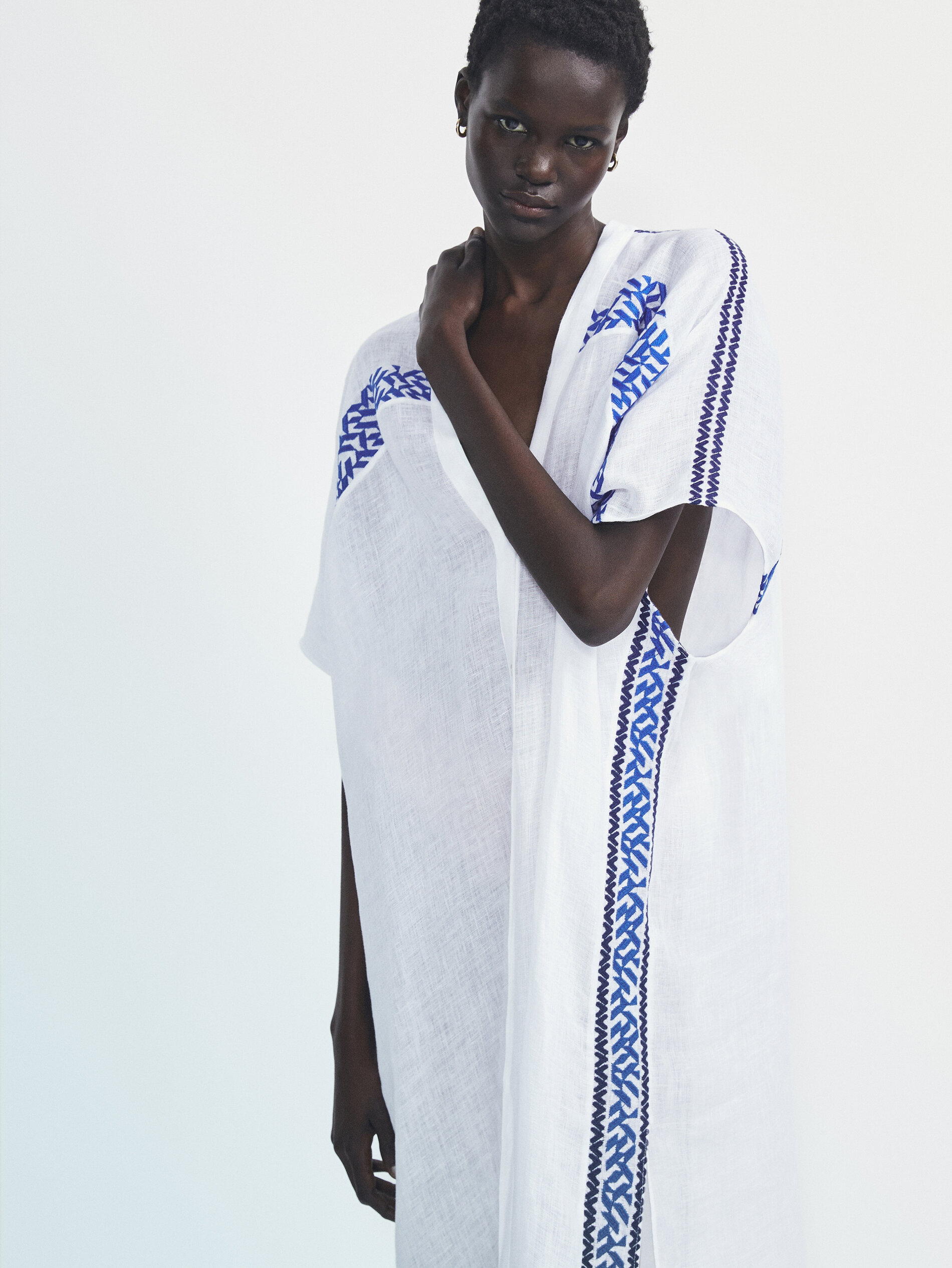 Maxi blusón camisero lino bordados - BLANCO