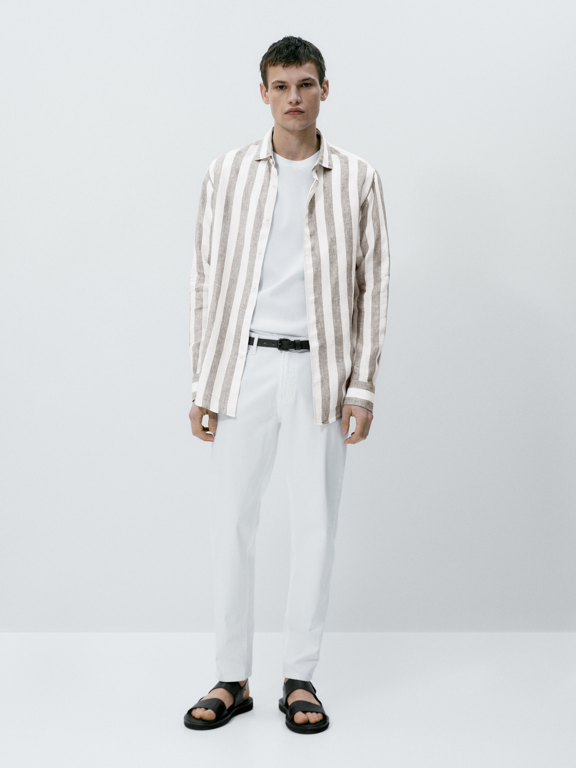 Camisa rayas anchas 100% lino regular fit - VERDE