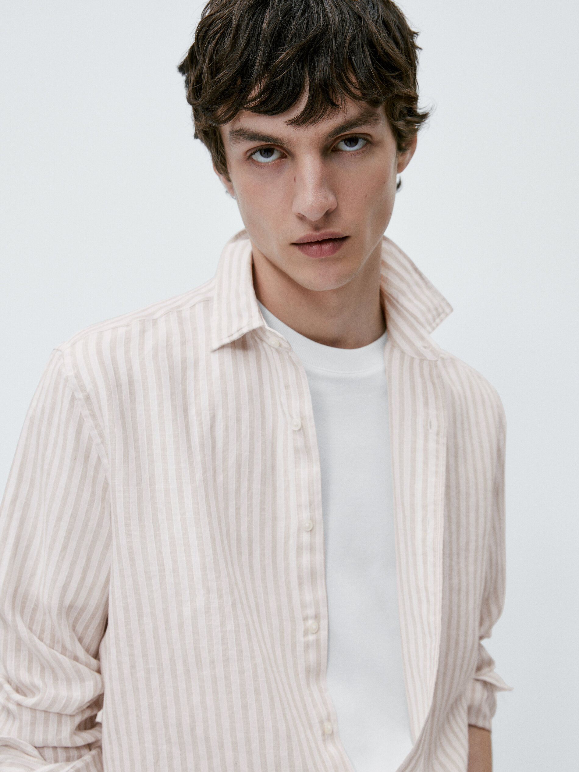 Camisa rayas mezcla lino algodón slim fit - BEIGE
