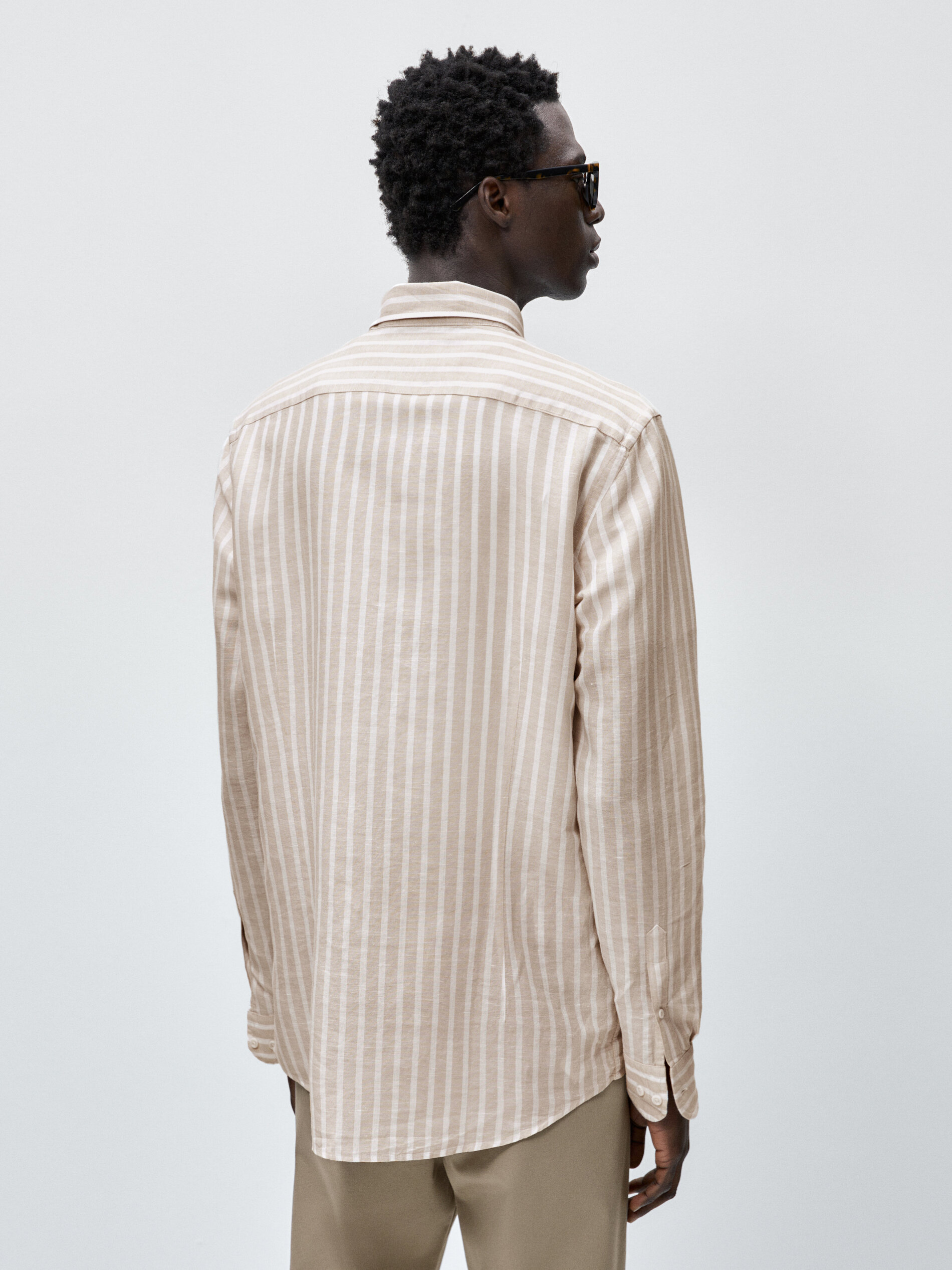 Camisa rayas con lino y algodón slim fit - BEIGE