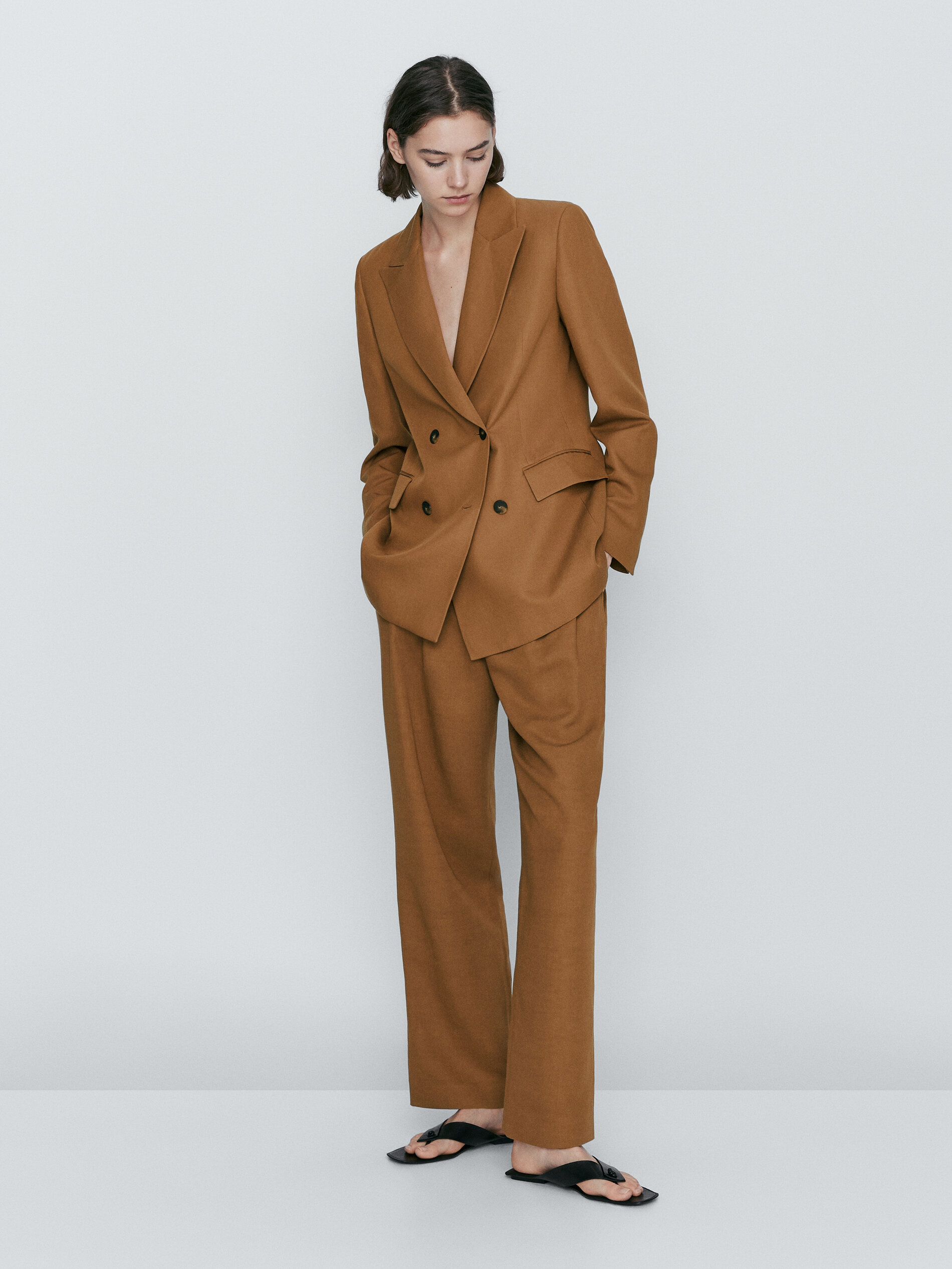 Pantalón recto doble pinza - Caramelo