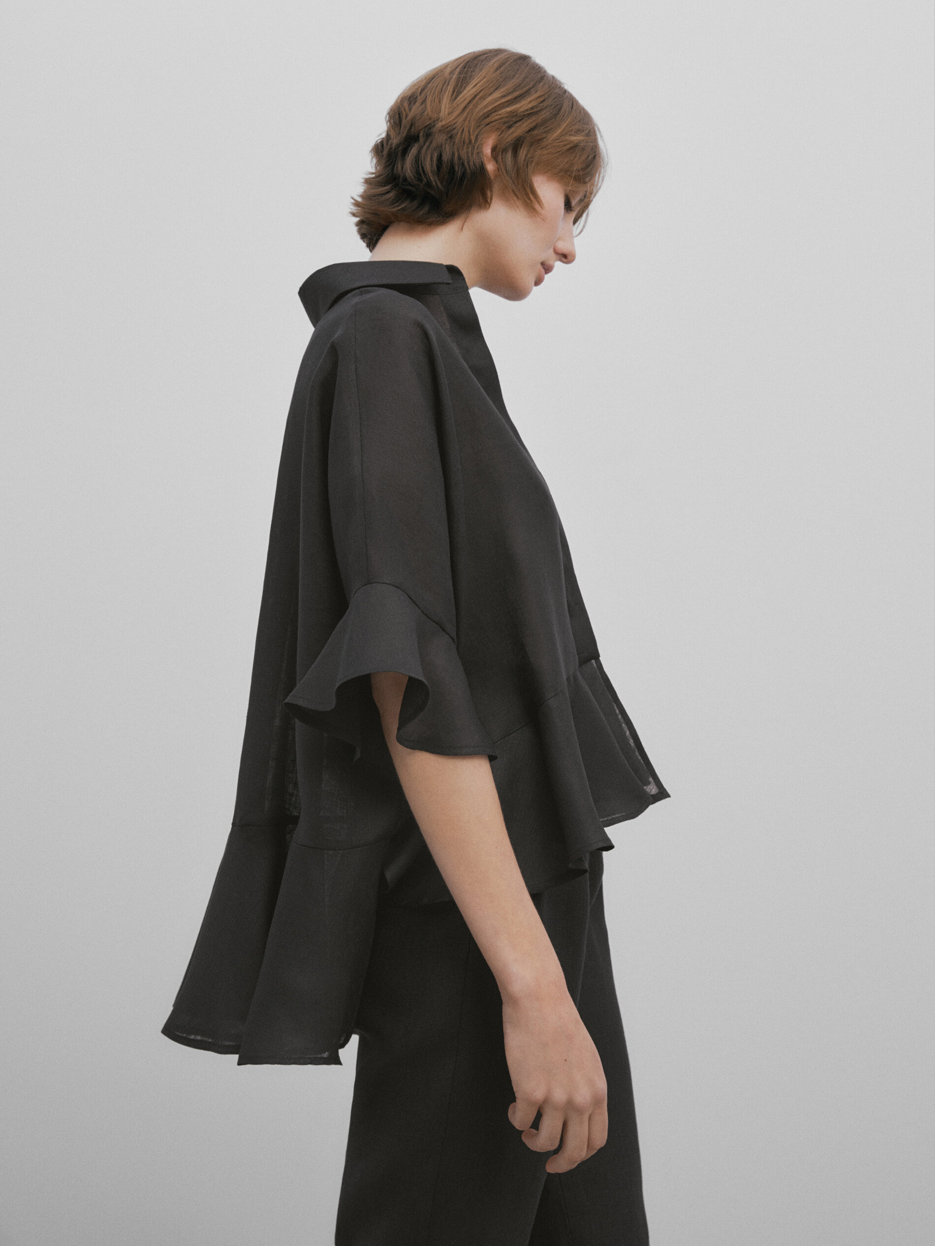 Camisa peplum lino -Studio - NEGRO
