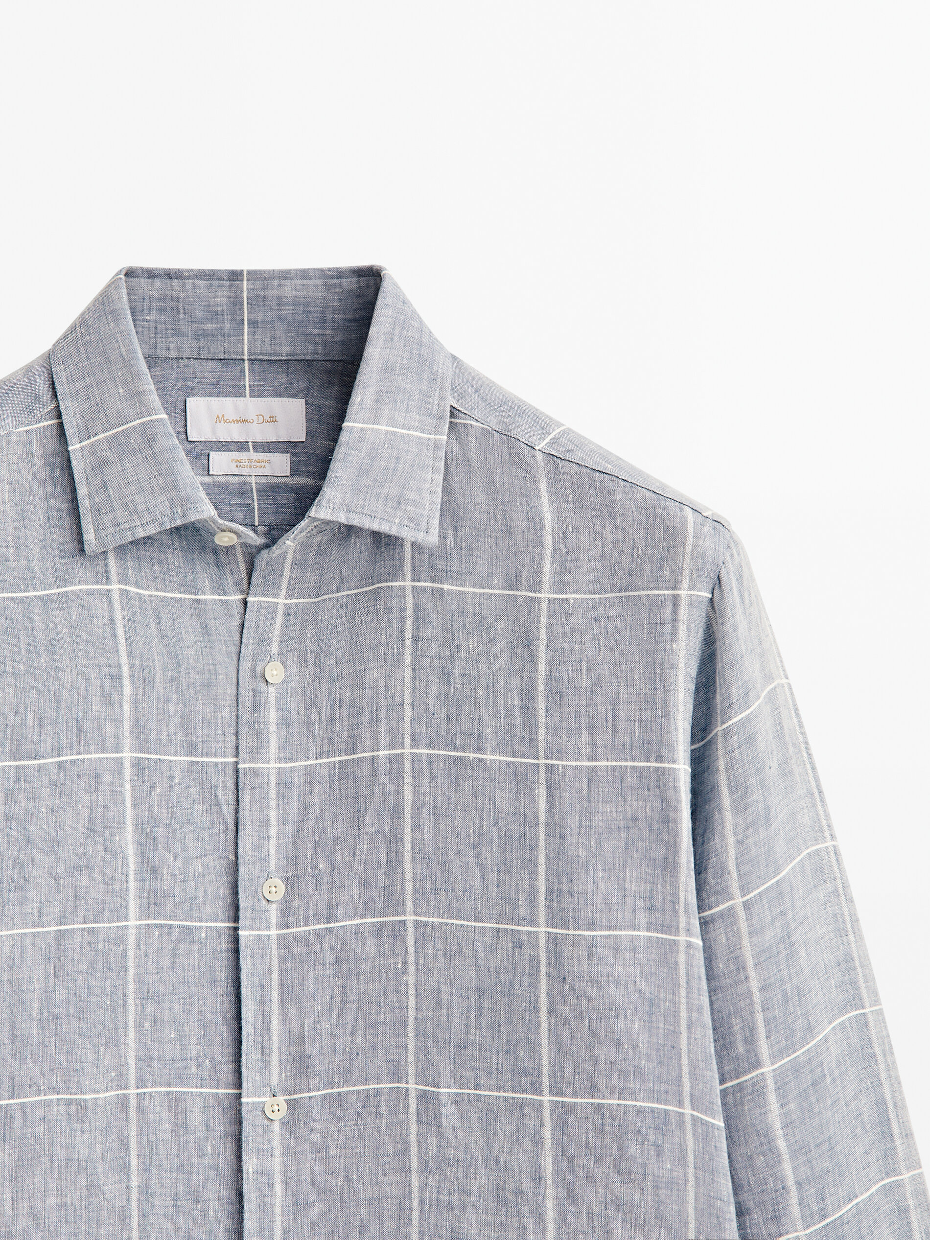 Camisa cuadros mezcla lino slim fit - CELESTE