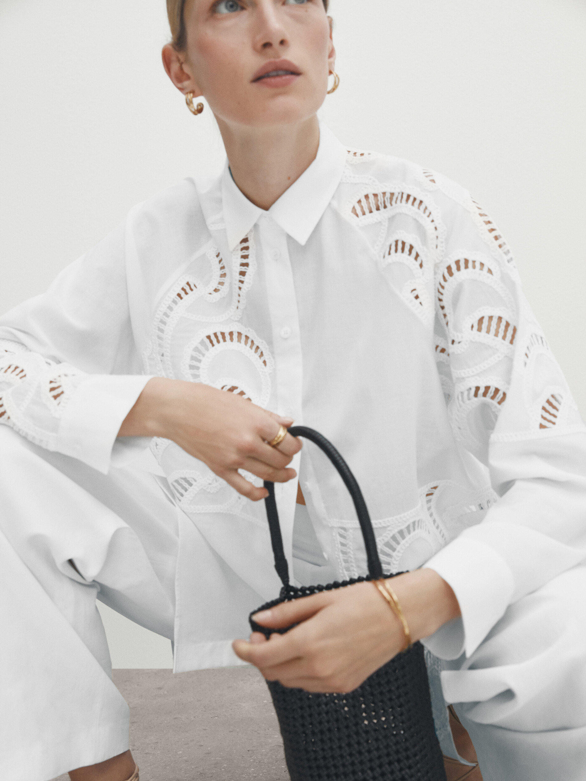 Camisa con algodón detalle crochet - BLANCO