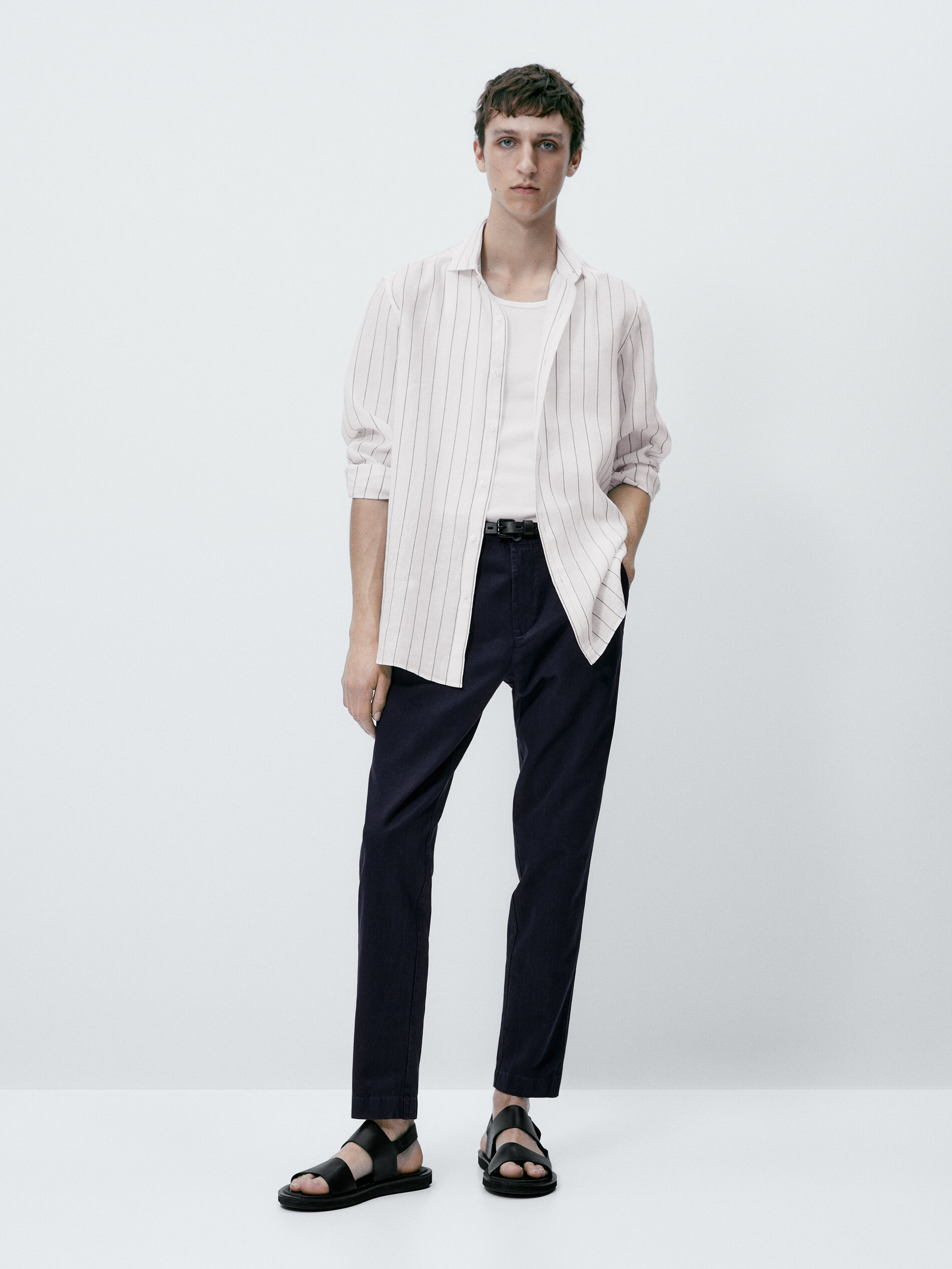 Camisa rayas mezcla lino algodón regular fit - AZUL OSCURO