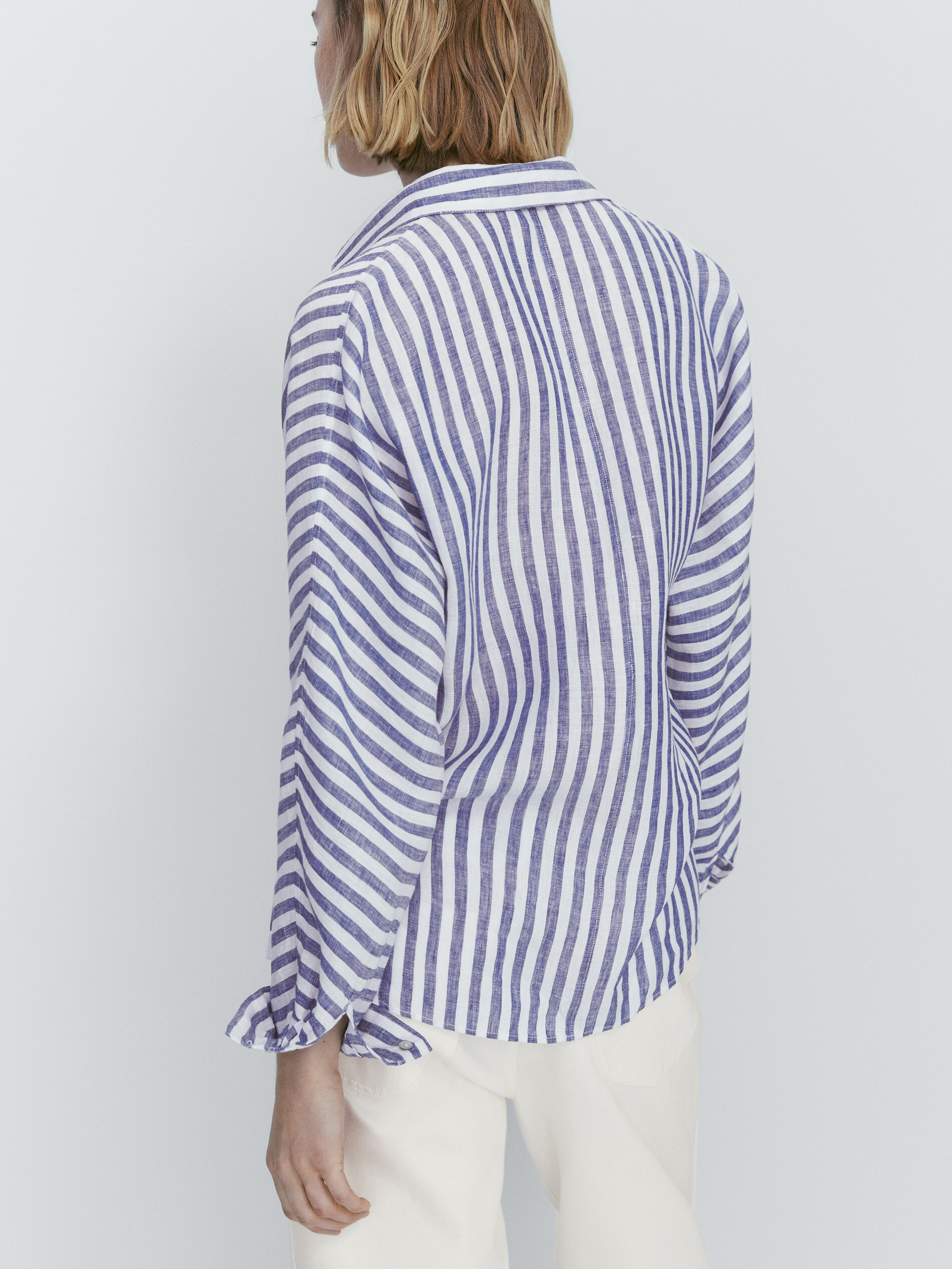 Camisa rayas 100% lino bolsillos - AZUL