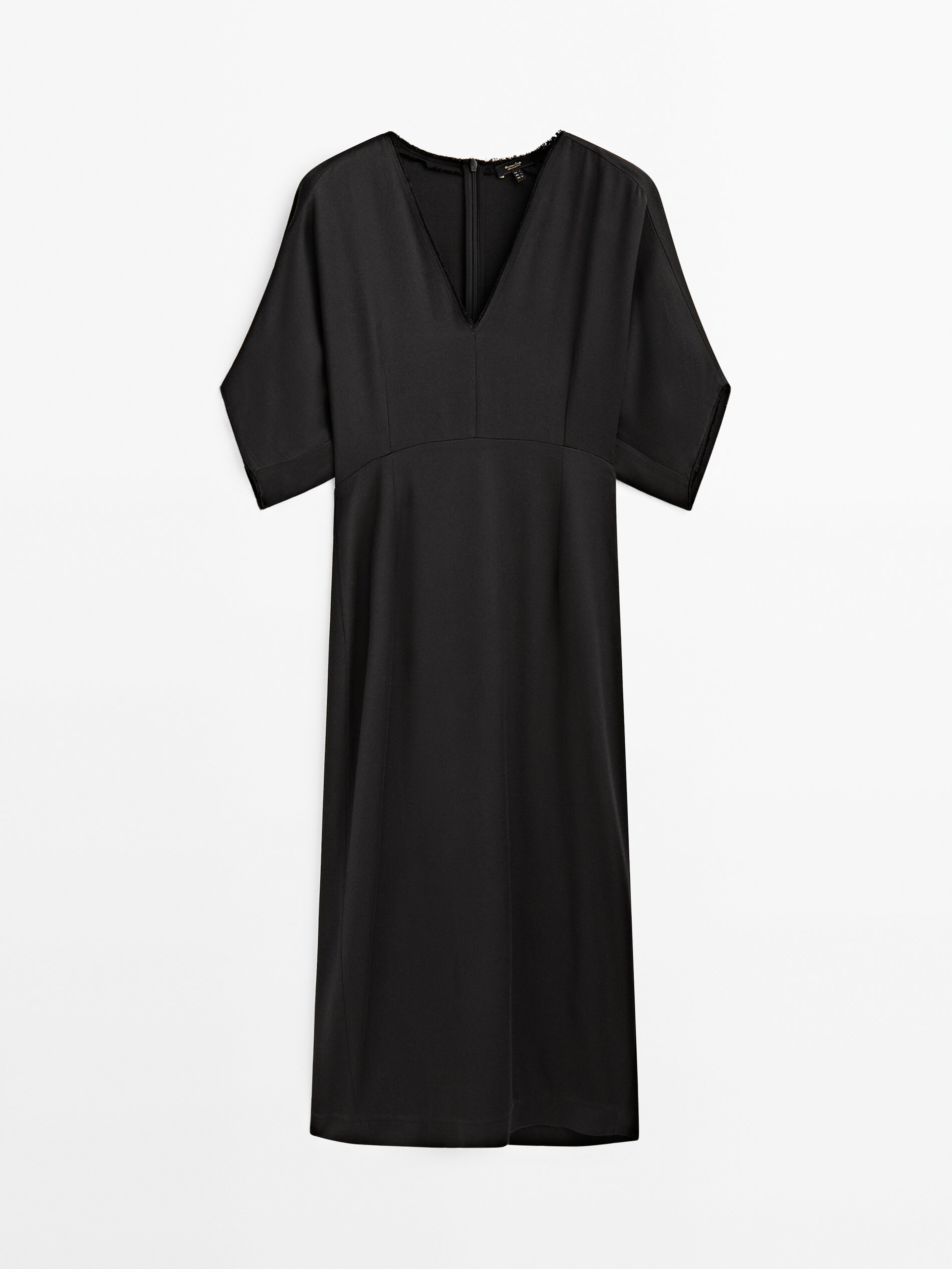 Vestido midi fluido cuello pico - NEGRO