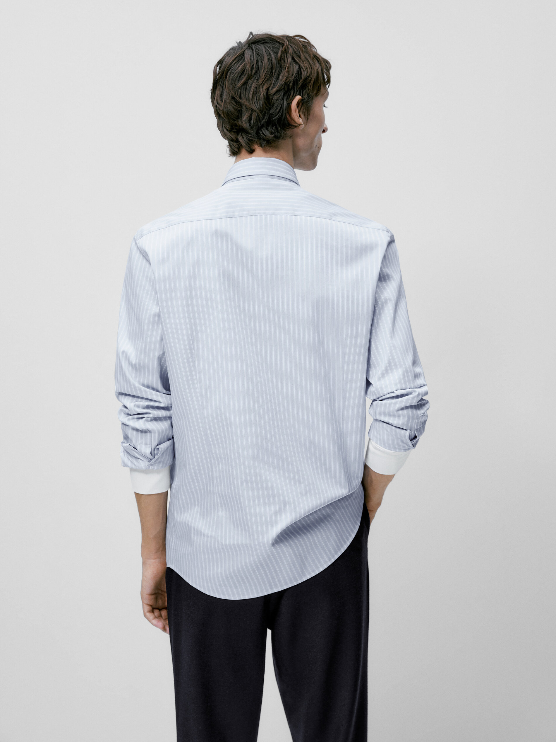 Camisa rayas algodón slim fit - CELESTE