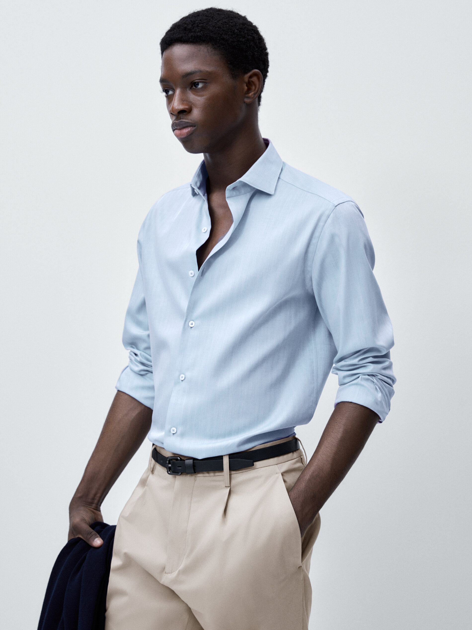 Camisa espiga algodón regular fit - CELESTE