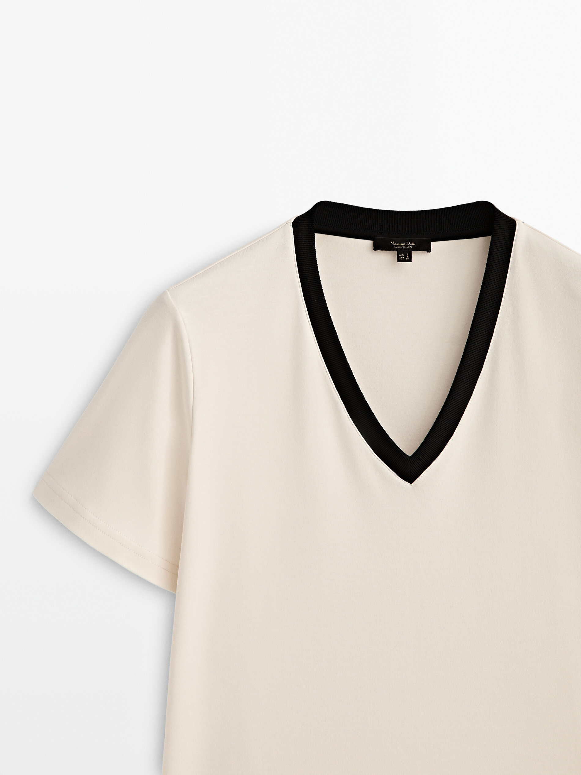 Camiseta cuello pico contraste algodón - CRUDO