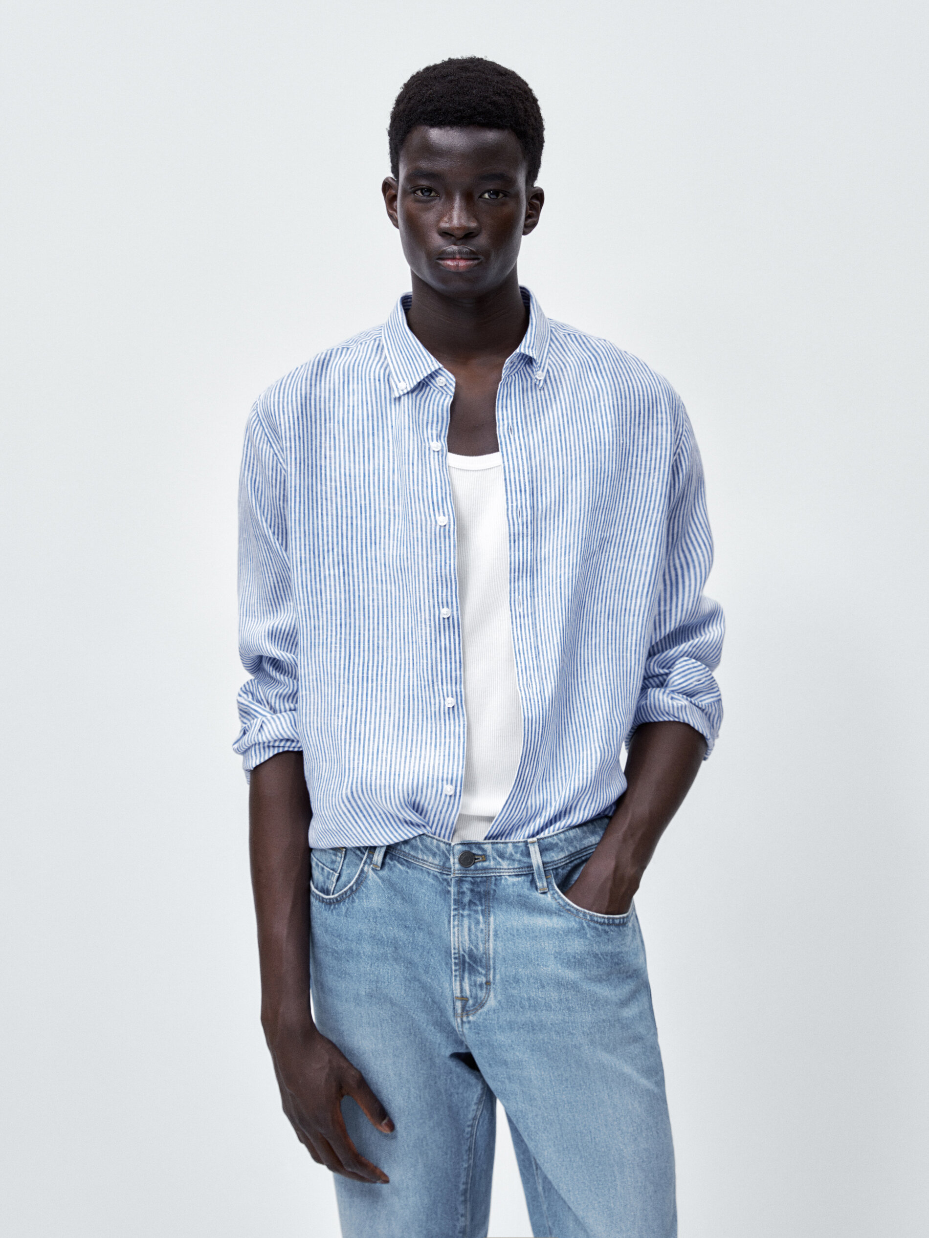 Camisa rayas doble tono lino slim fit - AZUL OSCURO