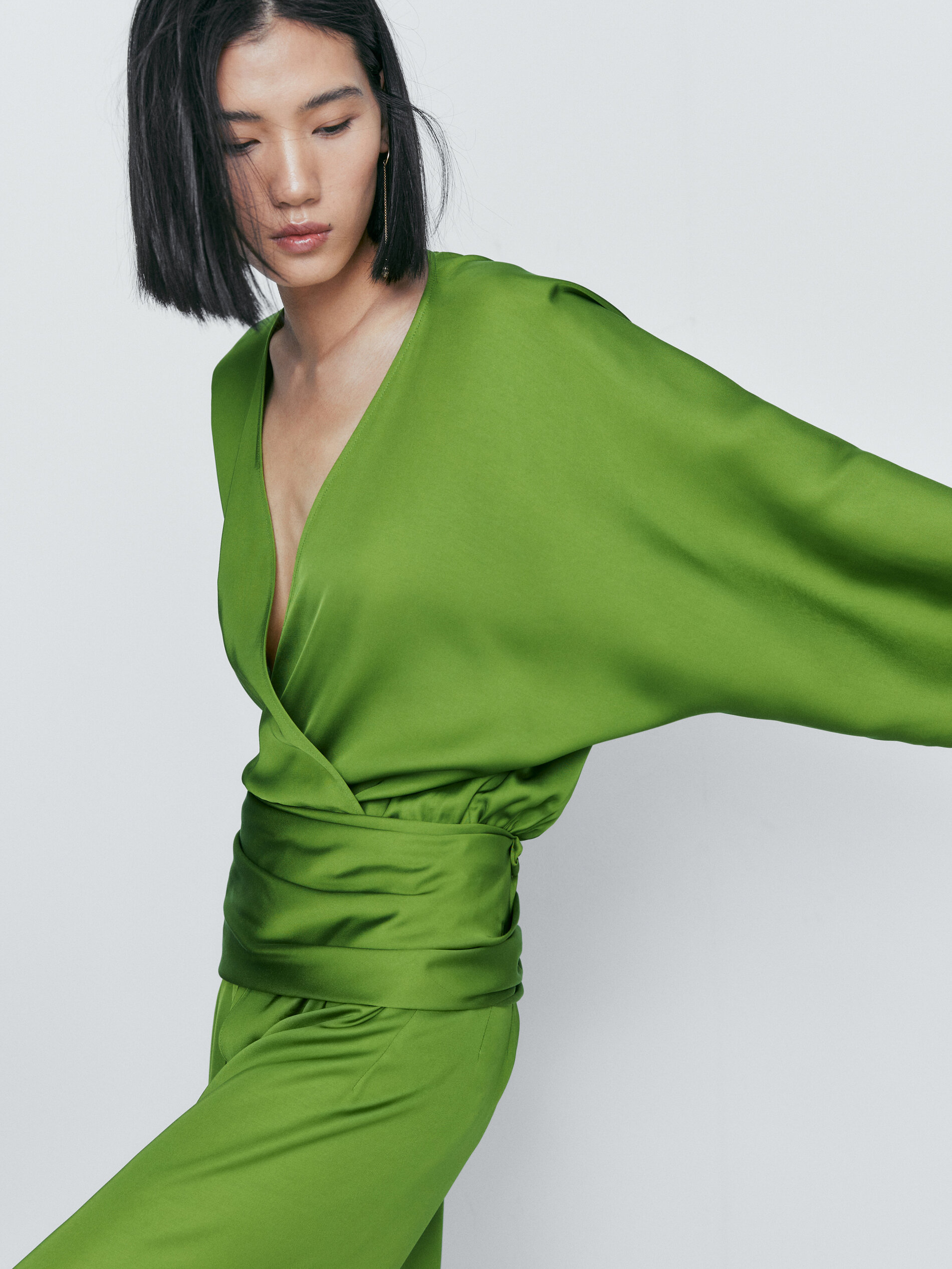 Vestido kimono fluido detalle fajín - VERDE