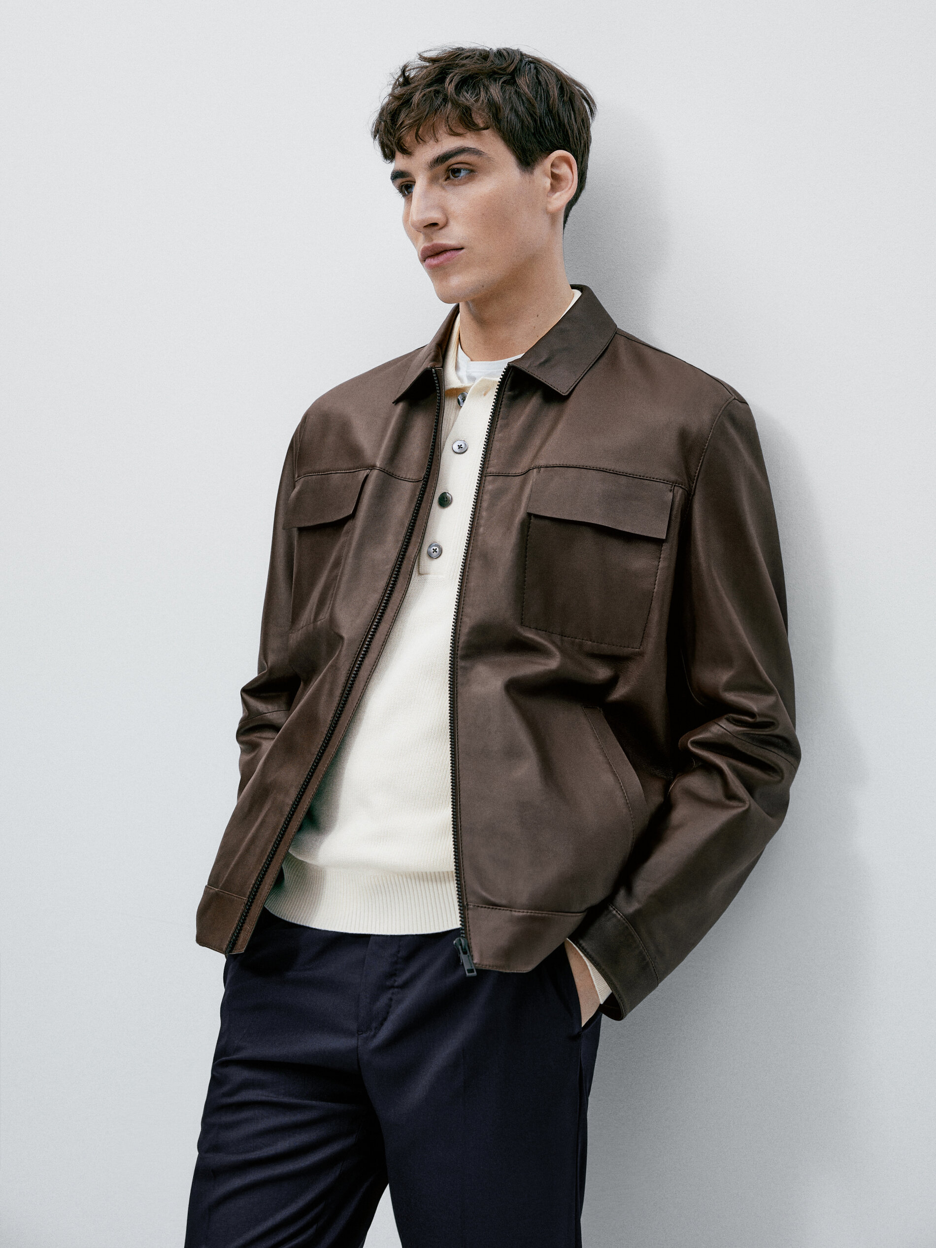 Chaqueta piel napa bolsillos marrón - MARRÓN