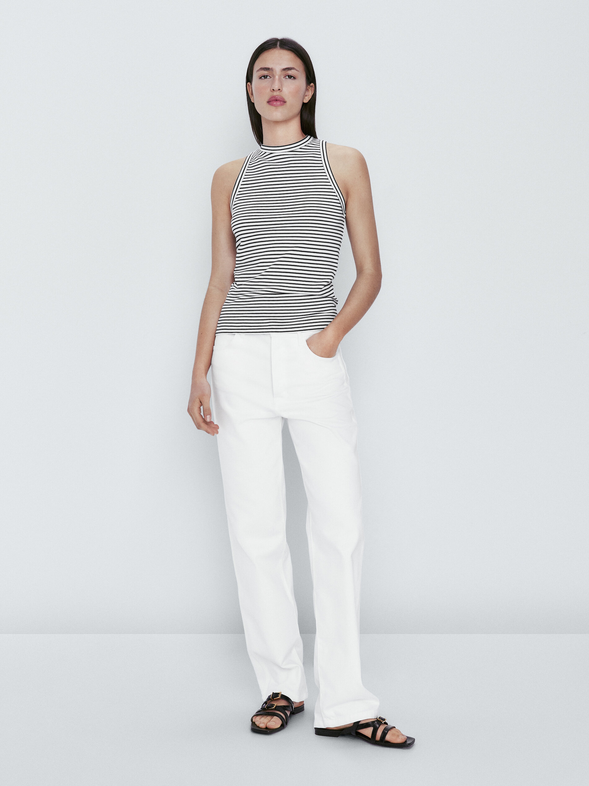 Camiseta rayas algodón sin mangas - CRUDO