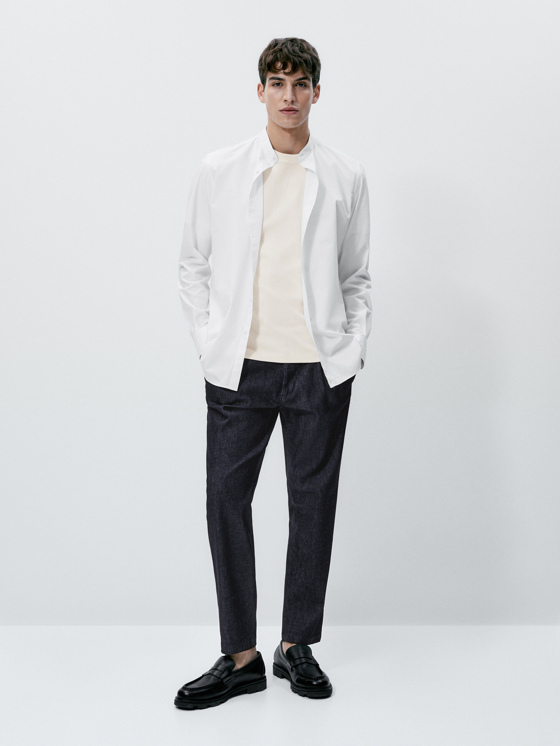 Camisa popelín cuello mao slim fit - BLANCO